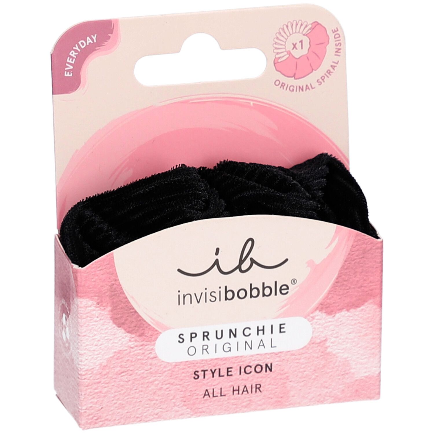 Zwarte INVISIBOBBLE Sprunchie in verpakking. Roze doos met productnaam en logo. "Original Spiral Inside".