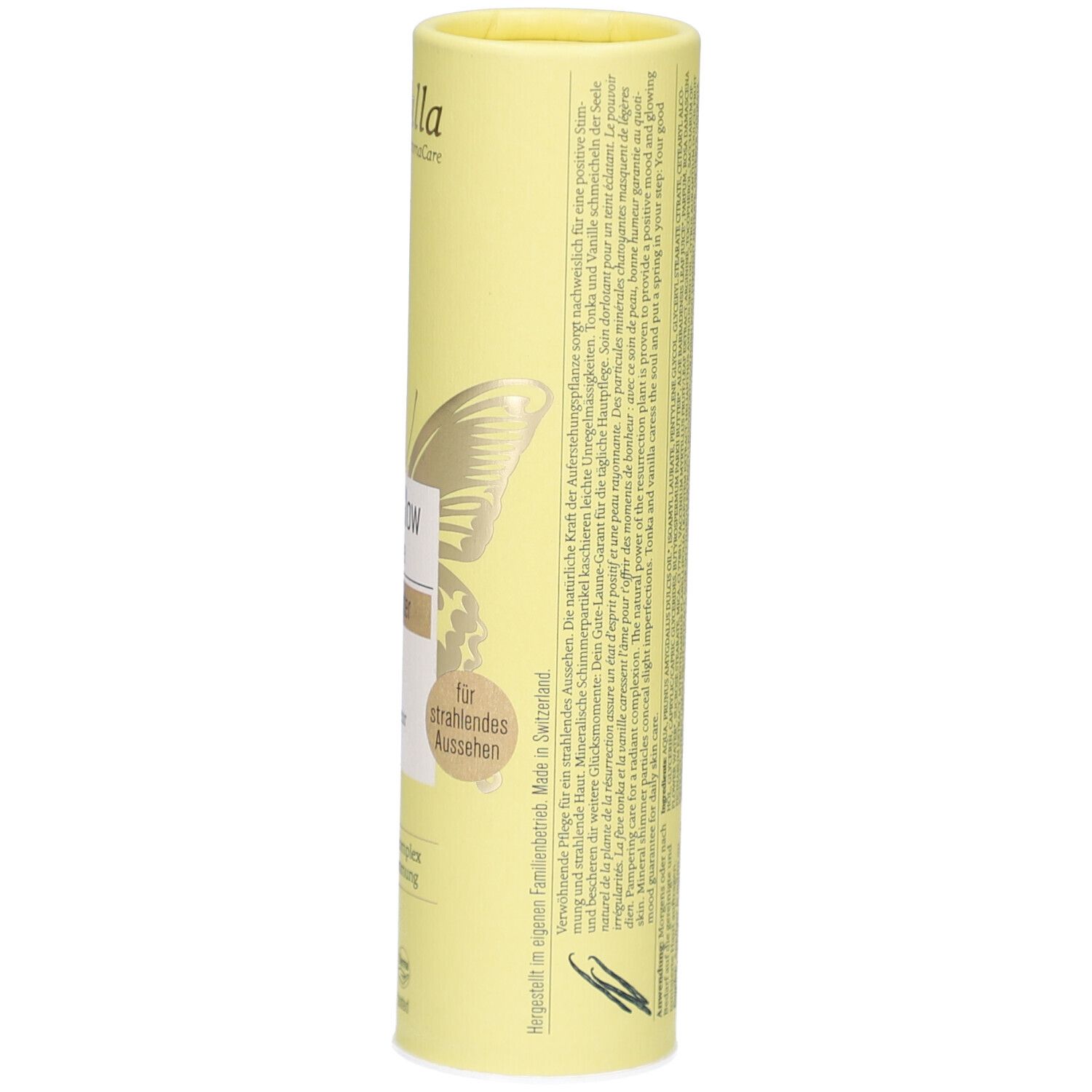 Emballage cylindrique jaune clair avec texte et logos. Texte: Description du produit, origine, instructions d'utilisation.