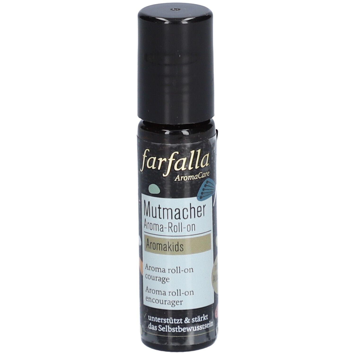 Flacon roll-on avec bouchon noir. Inscription : Farfalla AromaCare, Mutmacher, Aromakids, Courage.