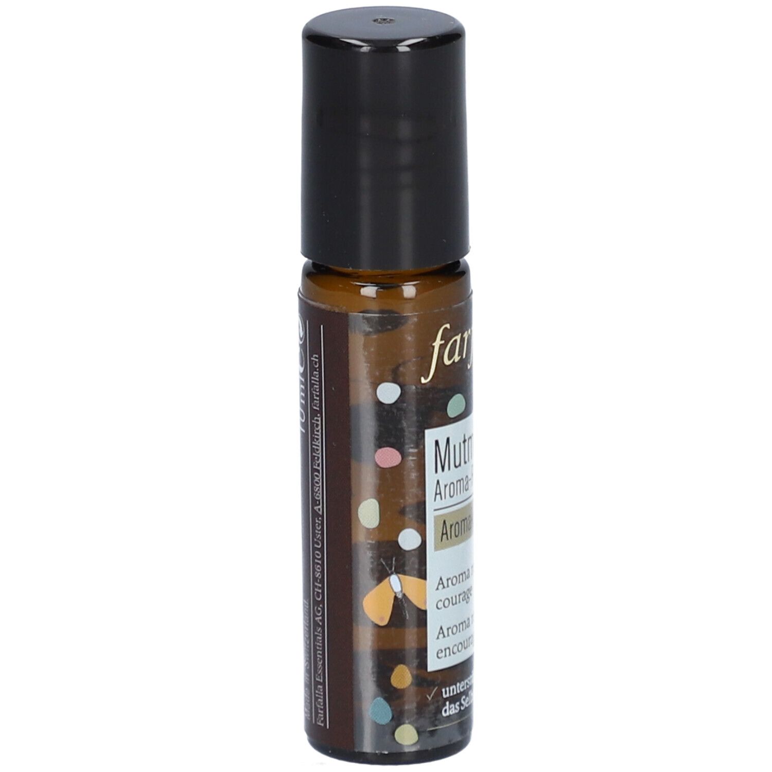 Flacon roll-on avec liquide brun et bouchon noir. Inscription : Farfalla, Mutmacher, Aromakids, Courage.