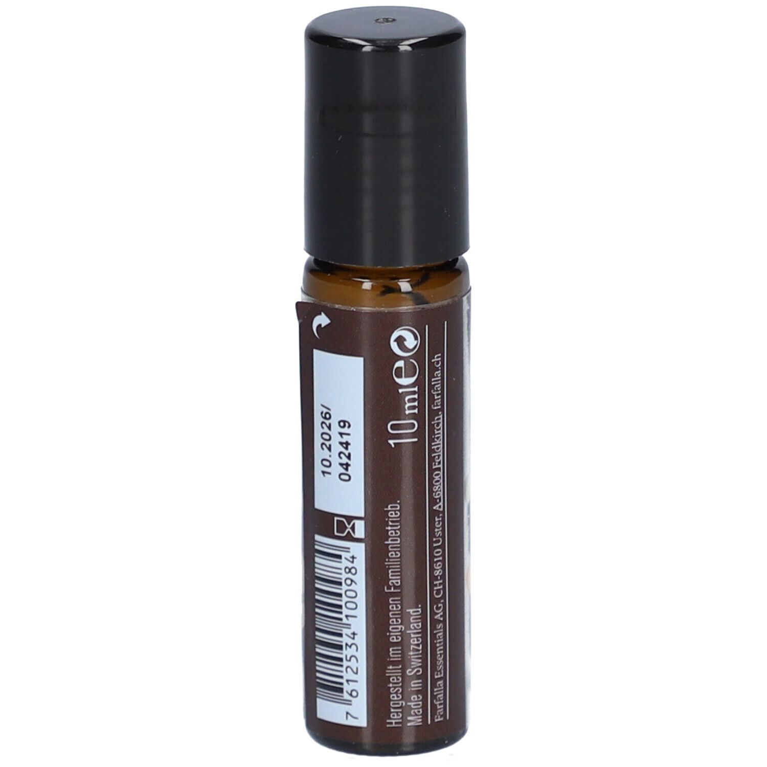 Flacon roll-on avec bouchon noir. Inscription : 10 ml e, 10.2026/042419, code-barres, fabriqué en Suisse.
