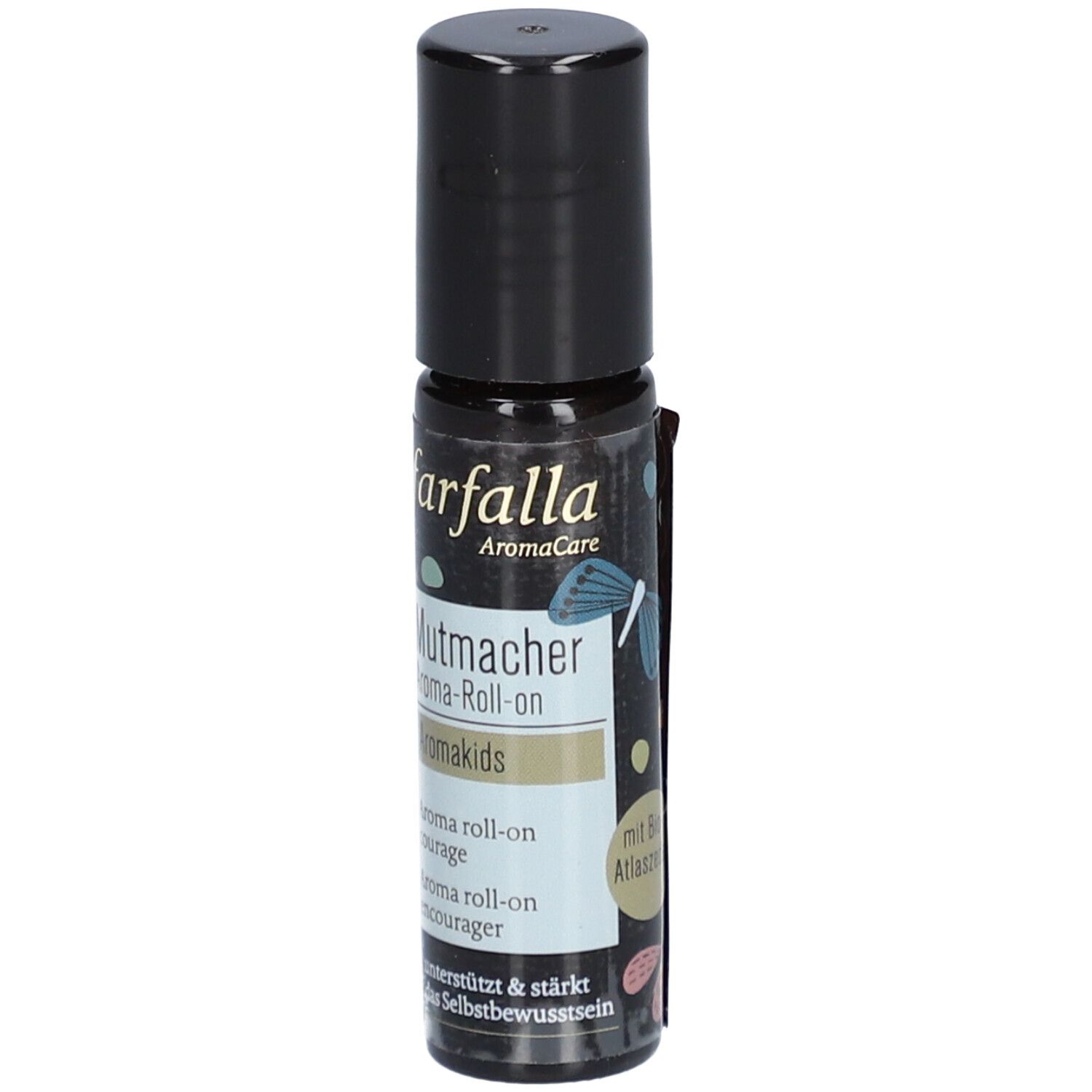 Flacon roll-on avec bouchon noir. Inscription : Farfalla AromaCare, Mutmacher, Aromakids, Courage, avec cèdre de l'Atlas bio.