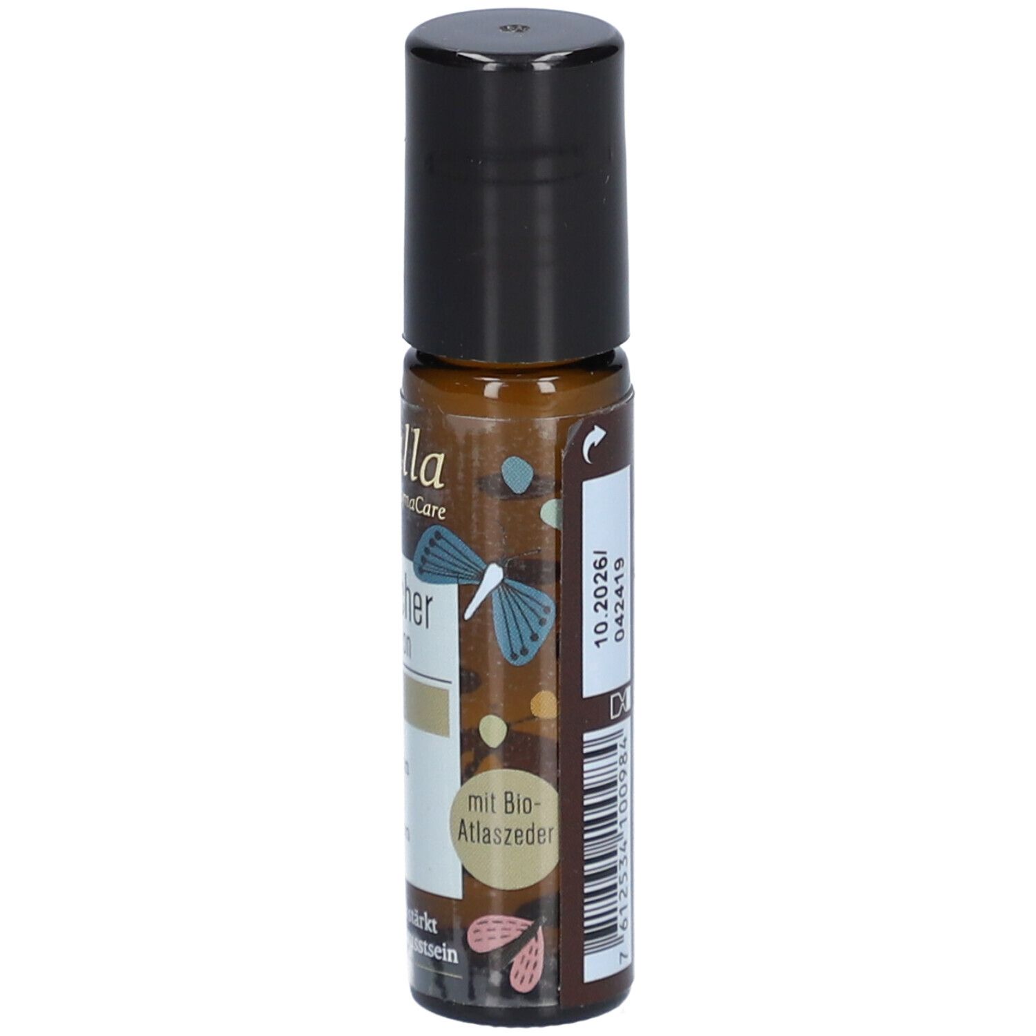Flacon roll-on avec liquide brun et bouchon noir. Inscription : Farfalla, Mutmacher, Aromakids, Courage, avec cèdre de l'Atlas bio.