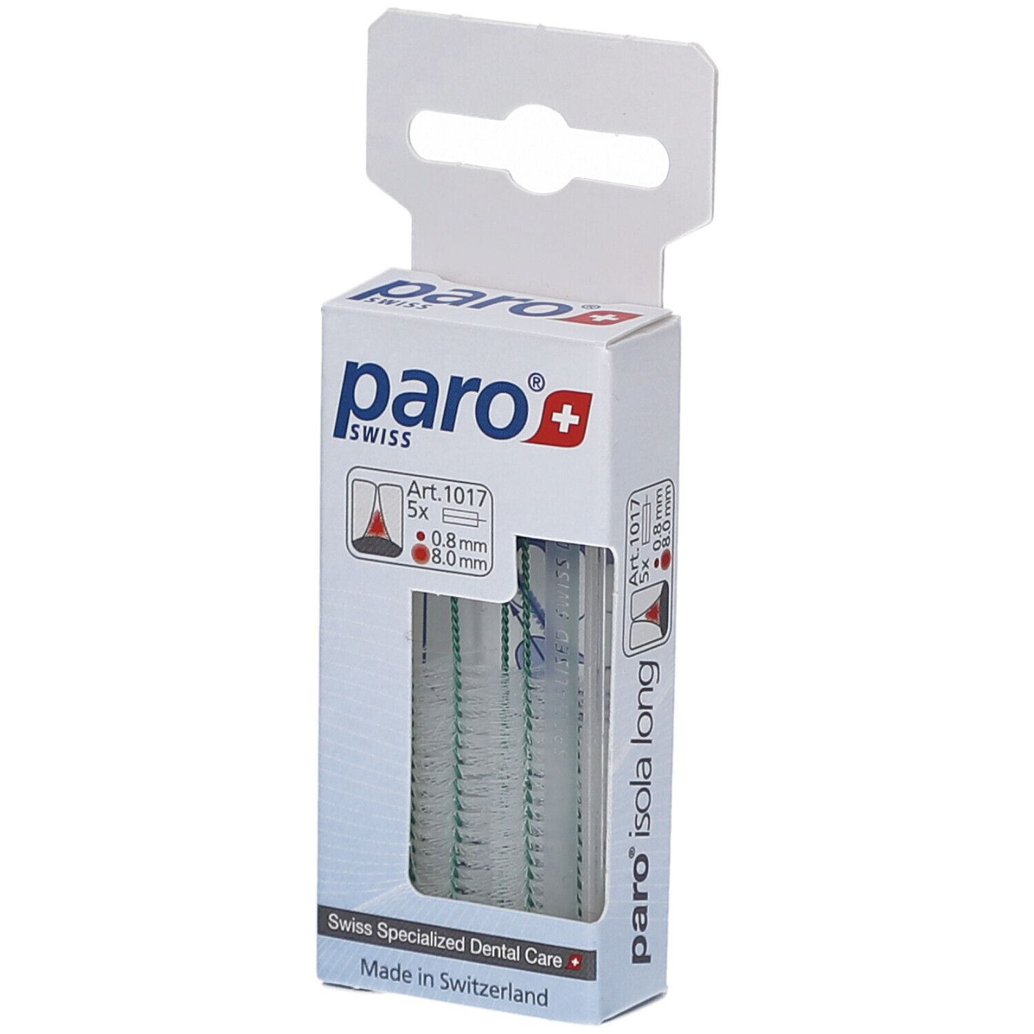 Emballage paro® isola long. Contient 5 pièces. Diamètre 0,8 mm, longueur 8,0 mm. Soins dentaires spécialisés suisses.