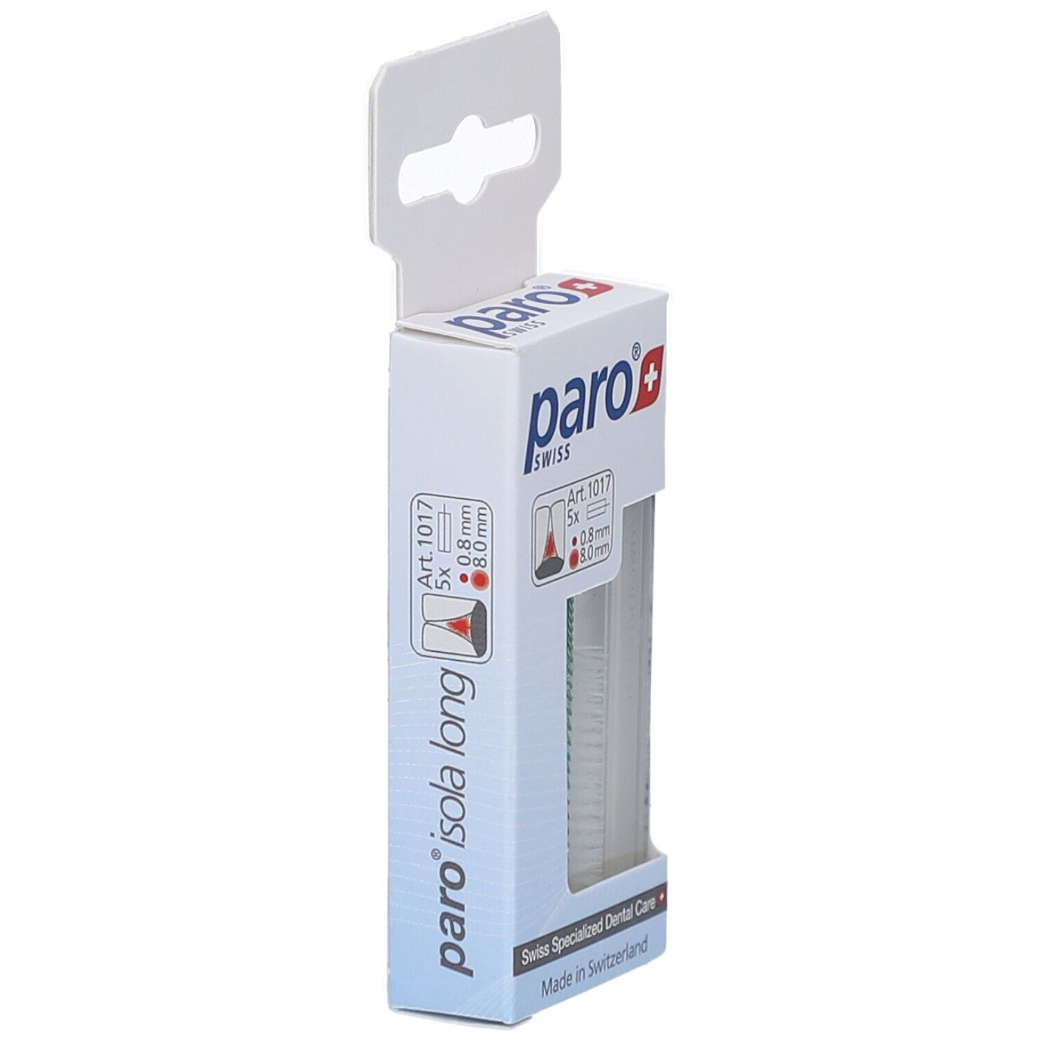 Vue latérale de l'emballage paro® isola long. Contient 5 pièces. 0,8 mm de diamètre, 8,0 mm de long. Fabriqué en Suisse.
