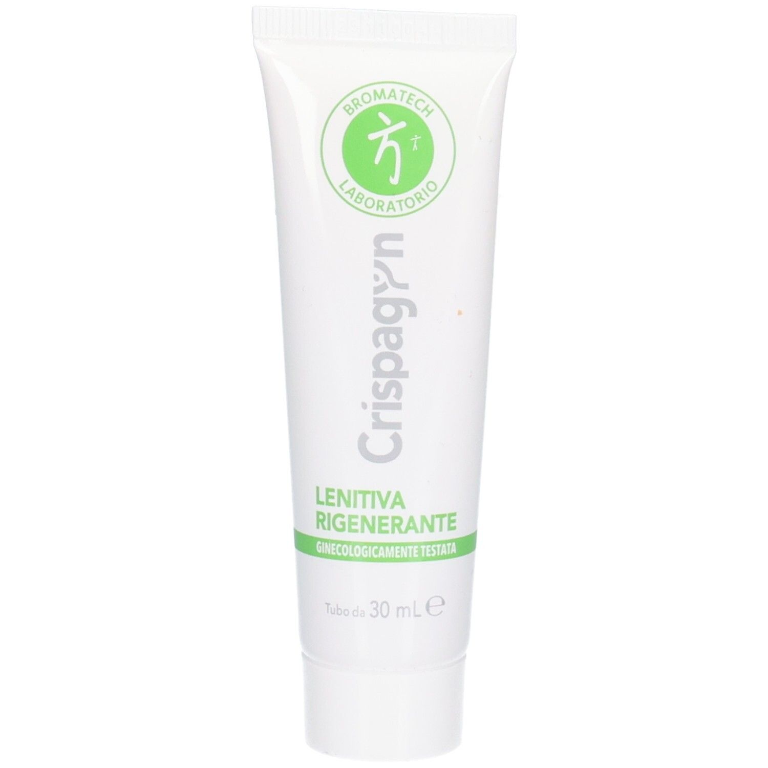 Witte tube met groene streep en tekst. Bevat CRISPAGYN. Merk: BROMATECH. 30 ml.