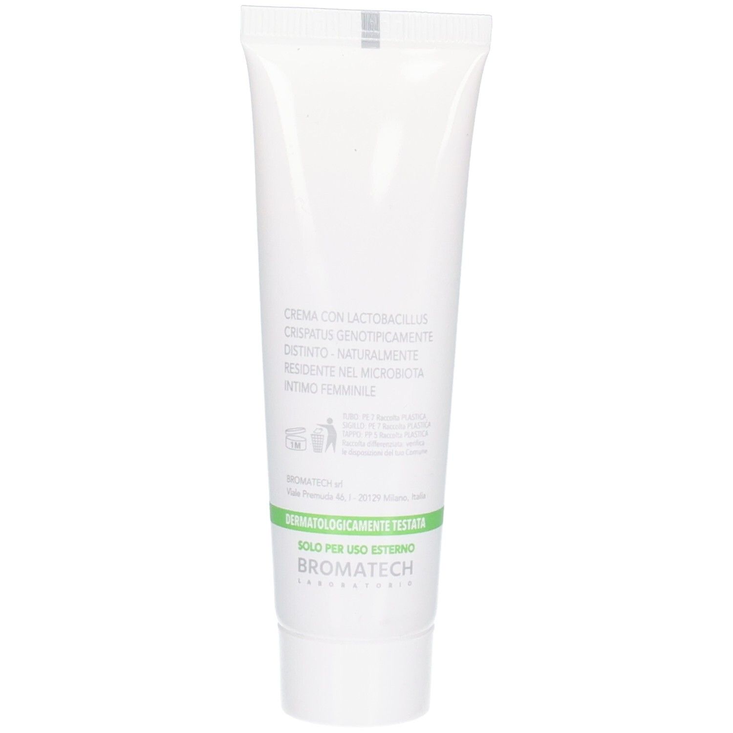 Achterkant van een witte tube. Tekst: Crème met Lactobacillus crispatus. Dermatologisch getest. Alleen voor uitwendig gebruik.