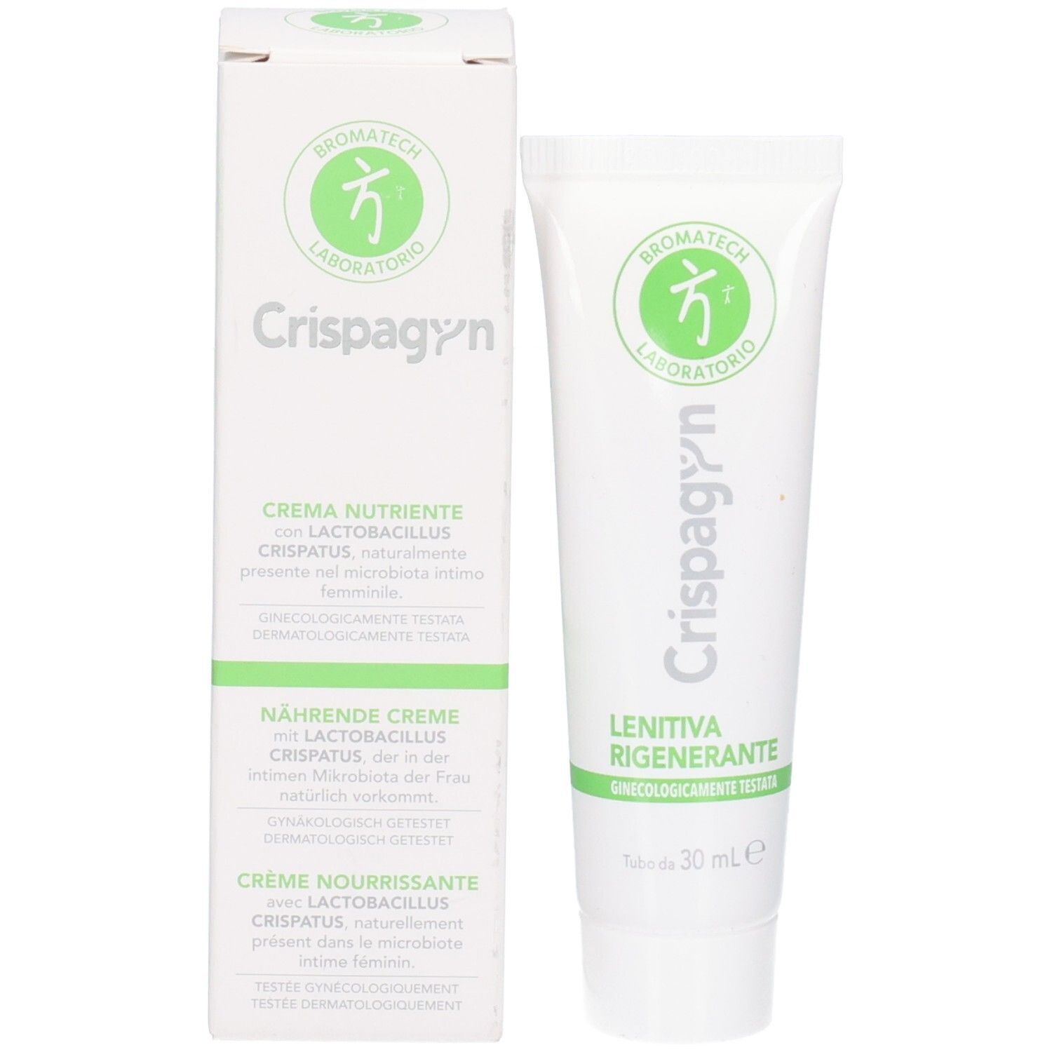 Productverpakking met tube en doos. Bevat CRISPAGYN. Merk: BROMATECH. Crème met Lactobacillus crispatus. 30 ml.