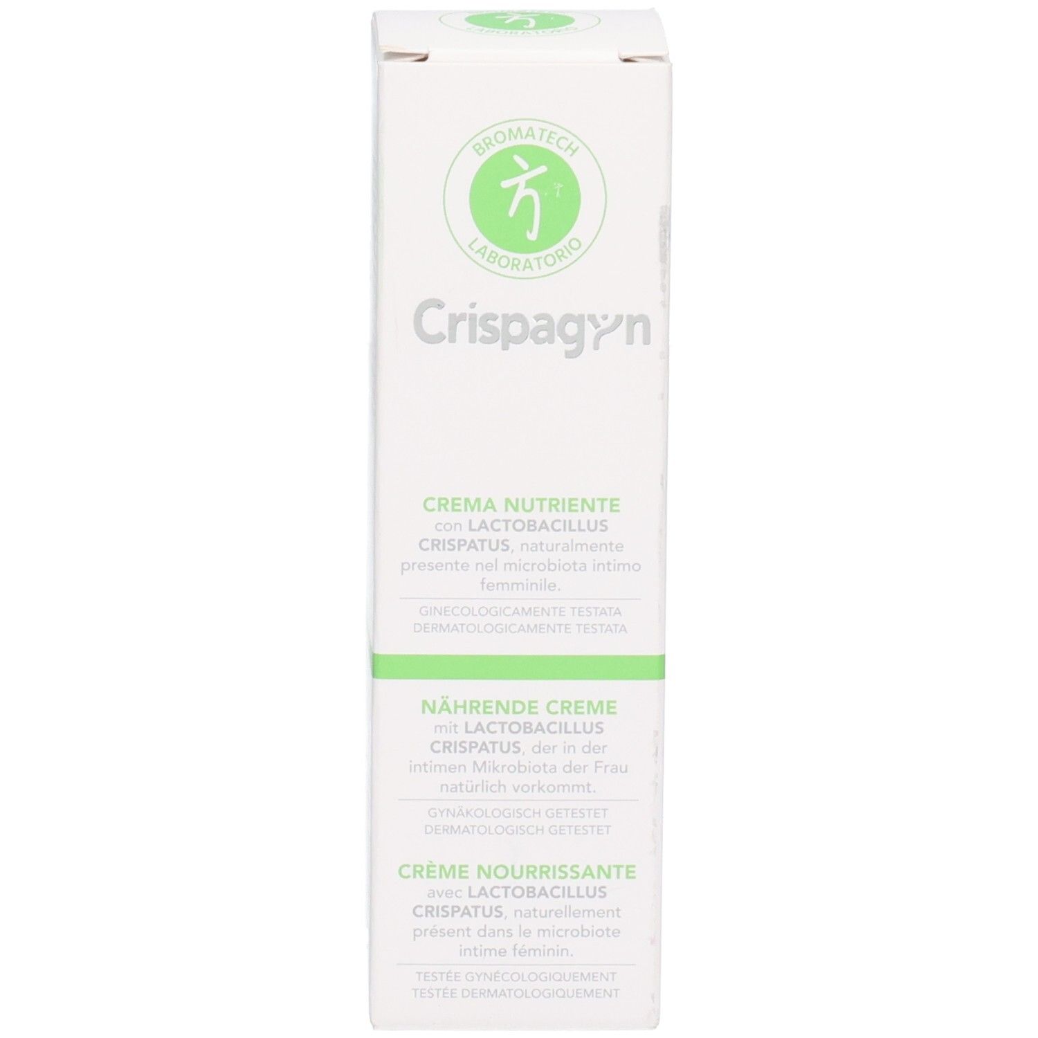 Productverpakking, doos. Bevat CRISPAGYN. Merk: BROMATECH. Crème met Lactobacillus crispatus. Dermatologisch getest.