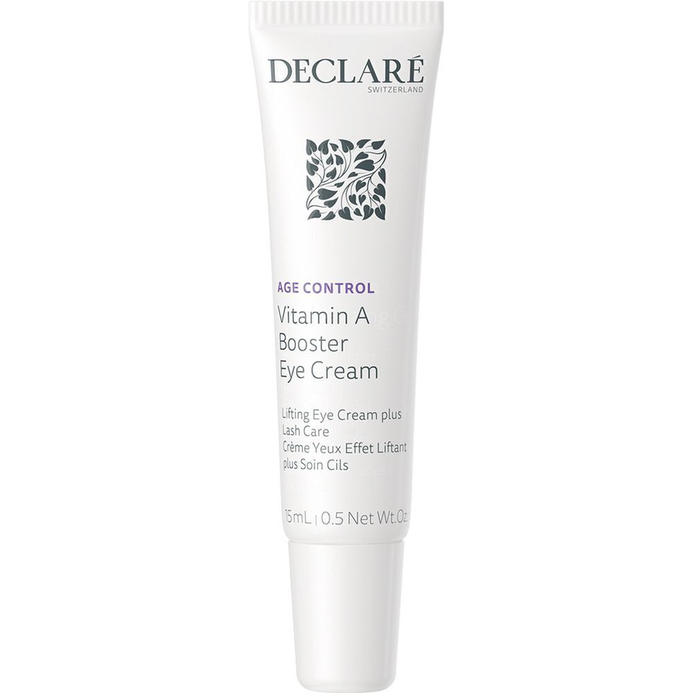 Witte tube DECLARÉ. Tekst: Vitamin A Booster Eye Cream. 15ml. Oogcontourcrème.