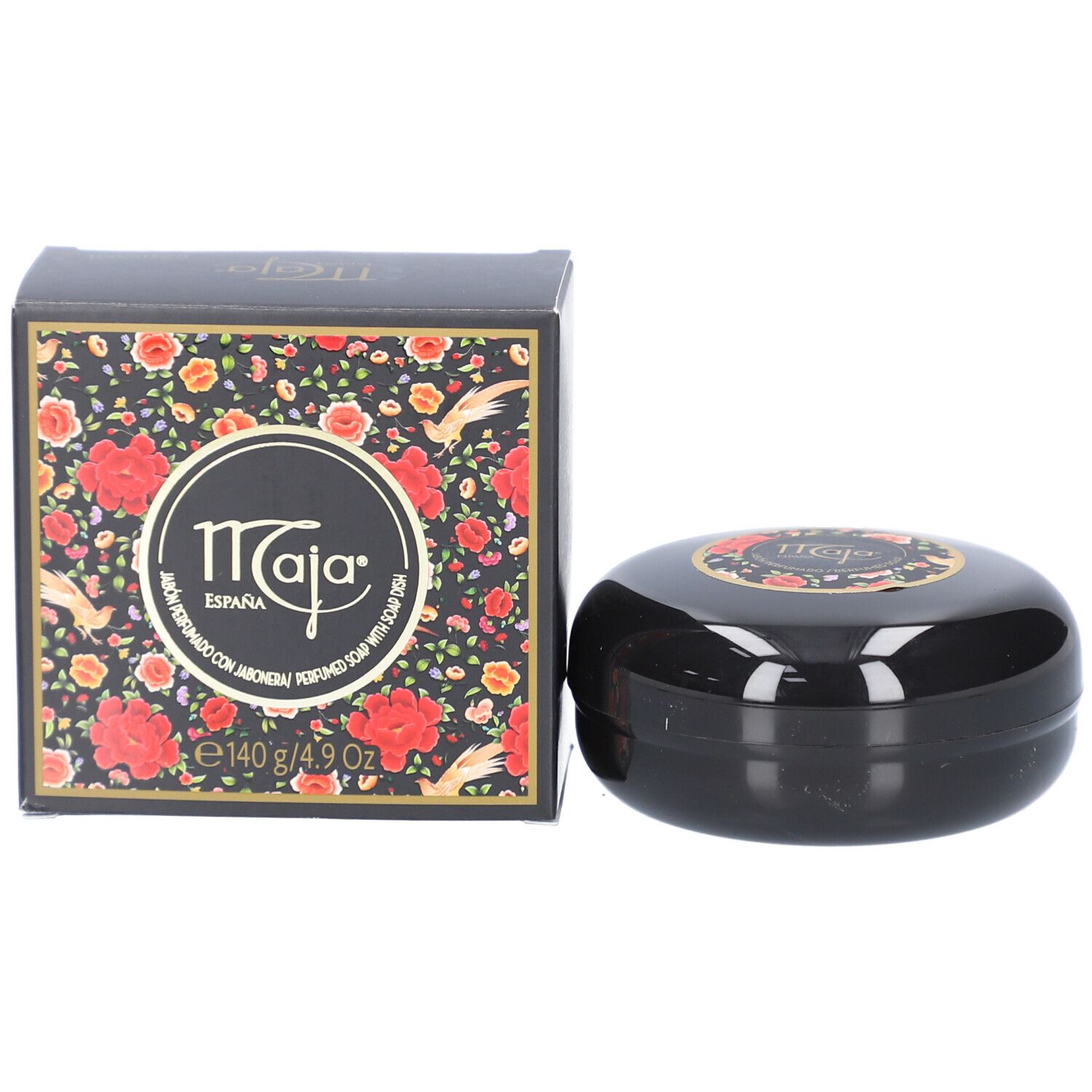 Zwarte ovale zeep met verpakking. Verpakking met bloemenpatroon en logo. Zeep met logo.