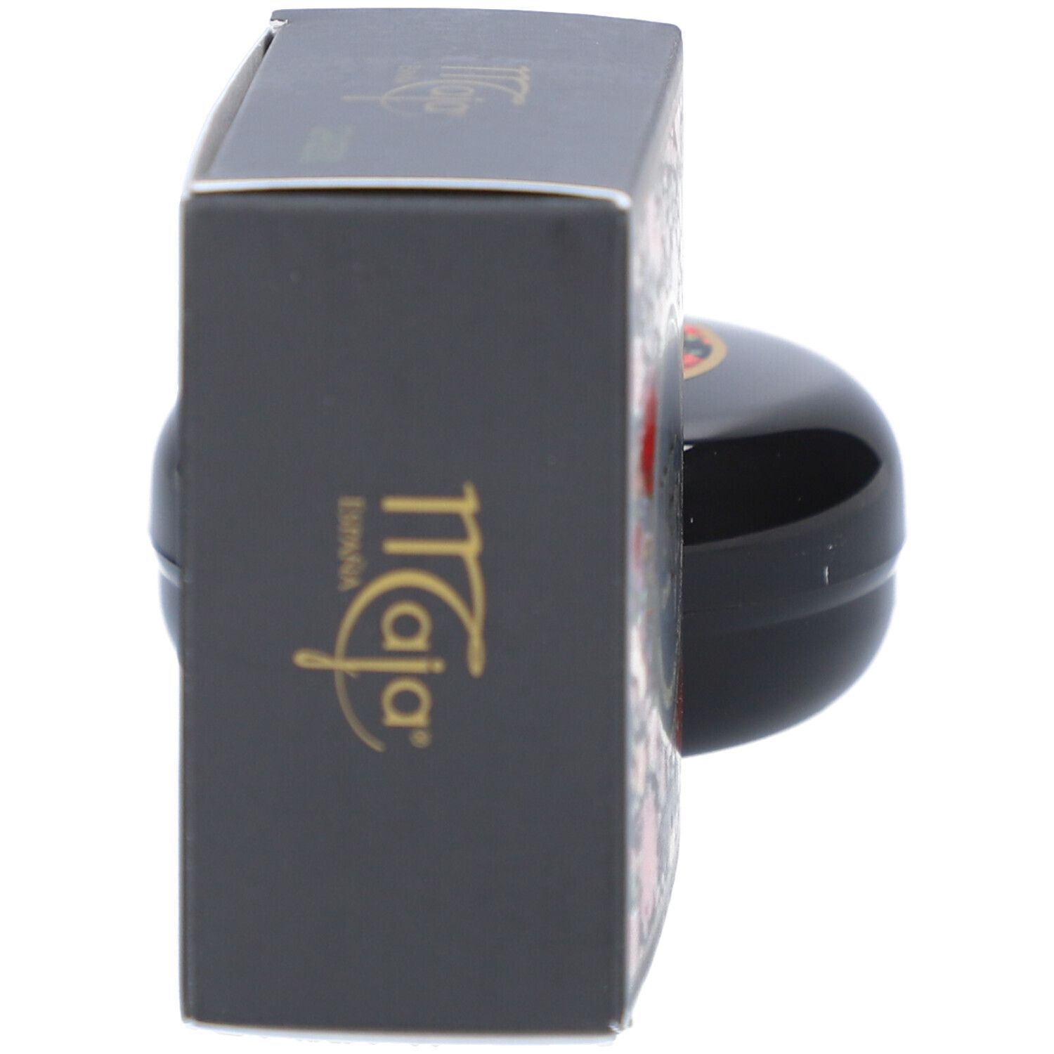 Verpakking van de zeep. Zwarte verpakking met logo en bloemenpatroon. Gouden logo.