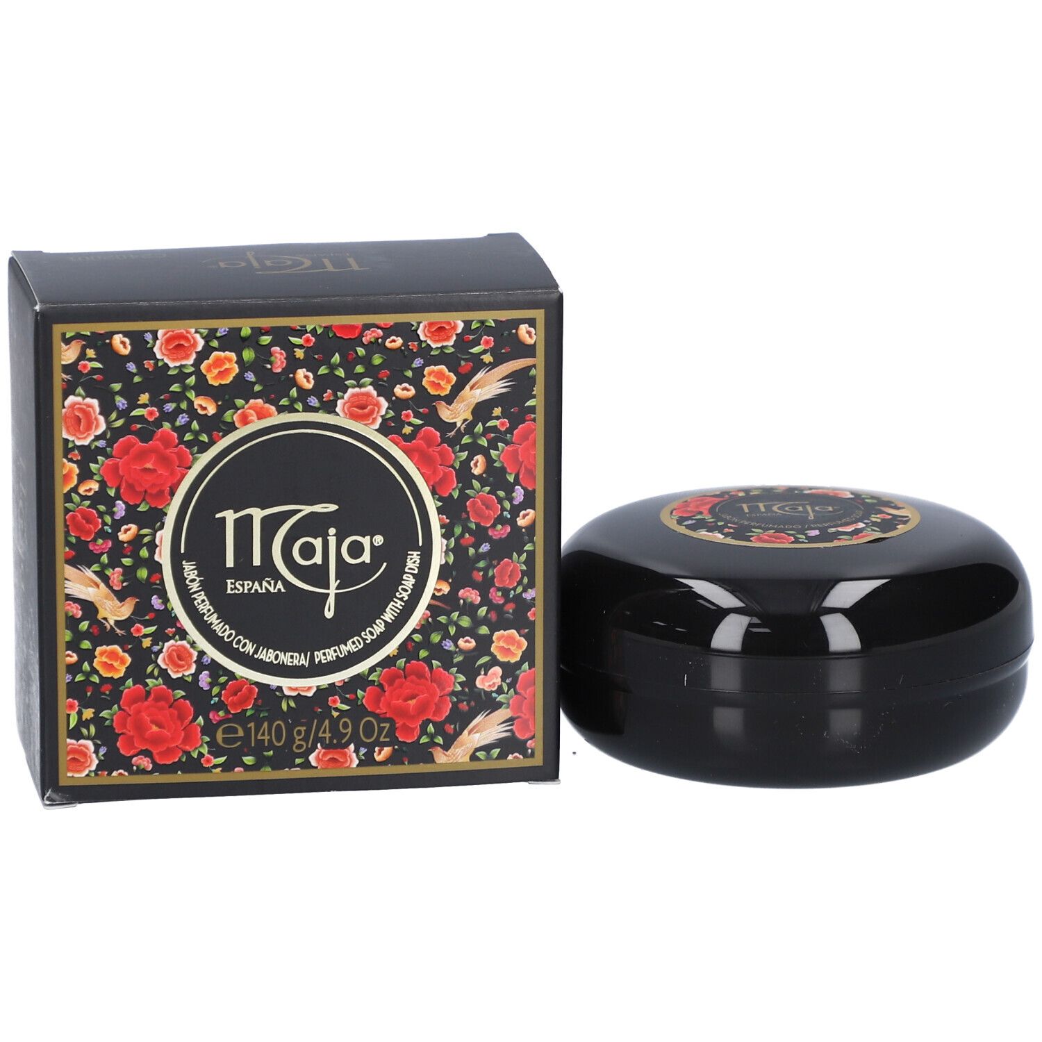 Zwarte ovale zeep en verpakking. Verpakking met logo en bloemenpatroon. Zeep met logo.