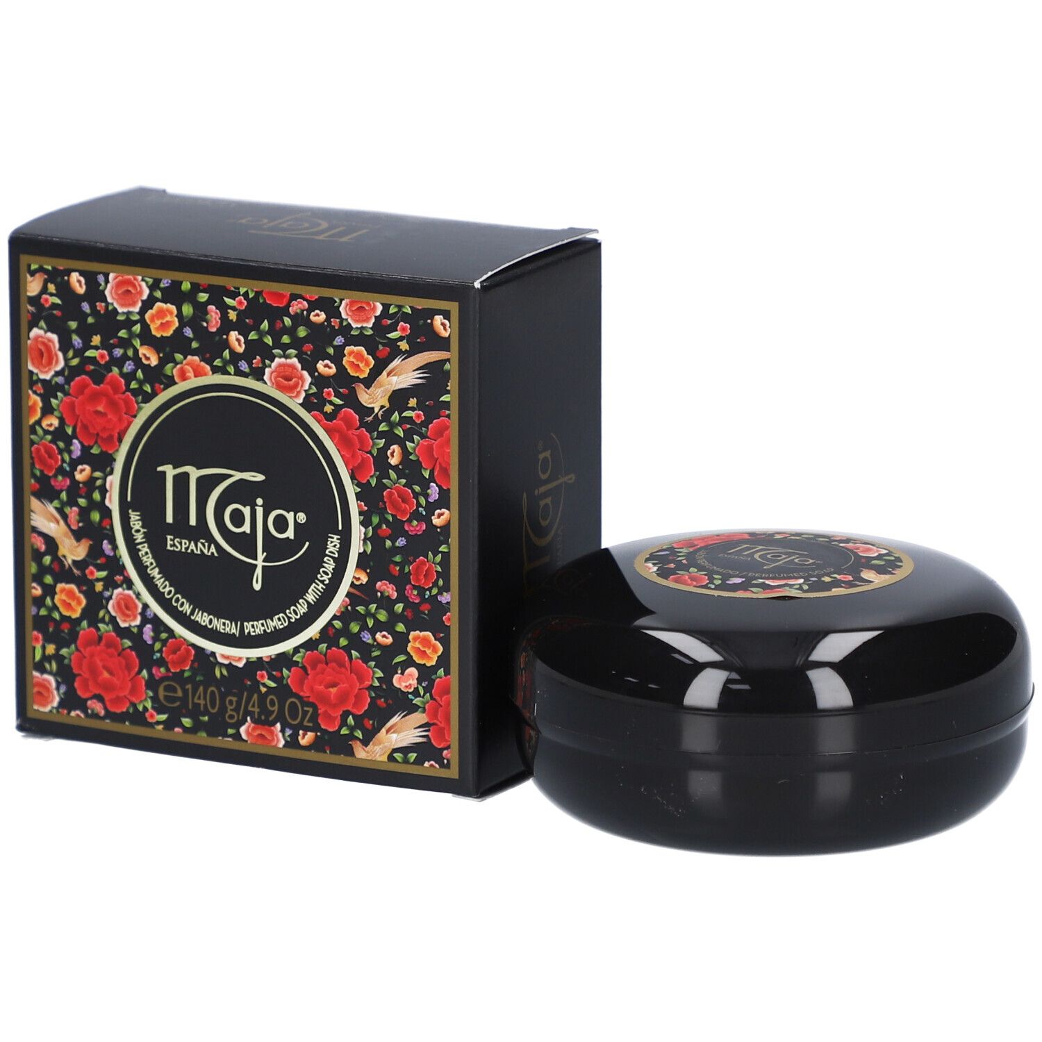 Zwarte ovale zeep en verpakking. Verpakking met logo en bloemenpatroon. Zeep met logo.