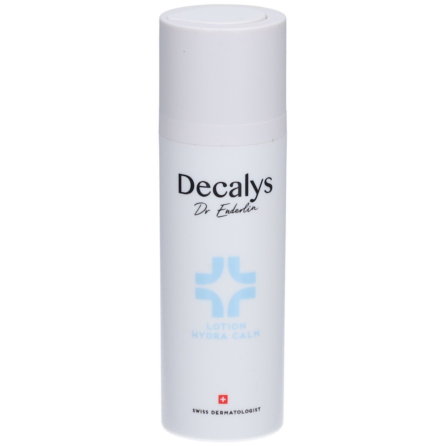 Flacon de lotion blanc avec logo bleu et texte Decalys. Texte: Hydra Calm, Swiss Dermatologist.