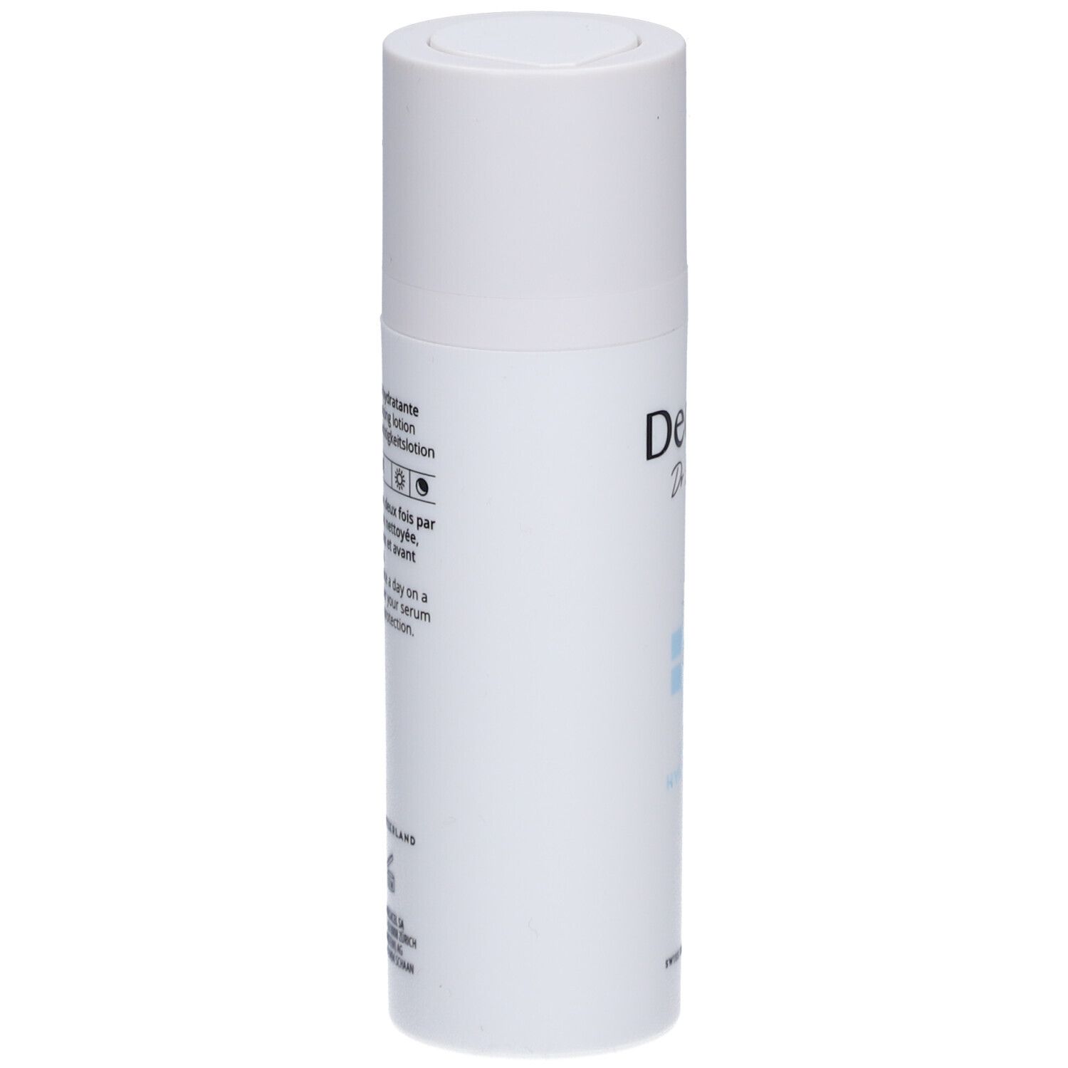 Flacon de lotion blanc, vue latérale. Texte: Decalys, informations produit, Made in Switzerland.