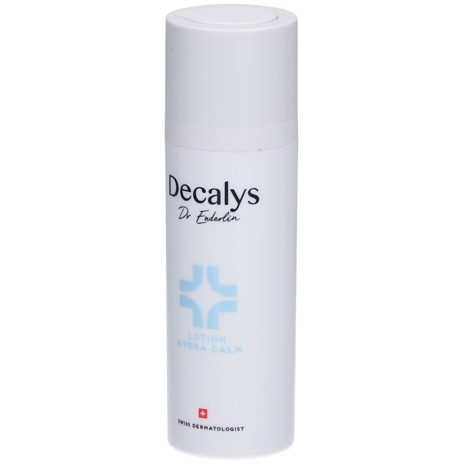 Flacon de lotion blanc avec logo bleu et texte Decalys. Texte: Hydra Calm, Swiss Dermatologist.