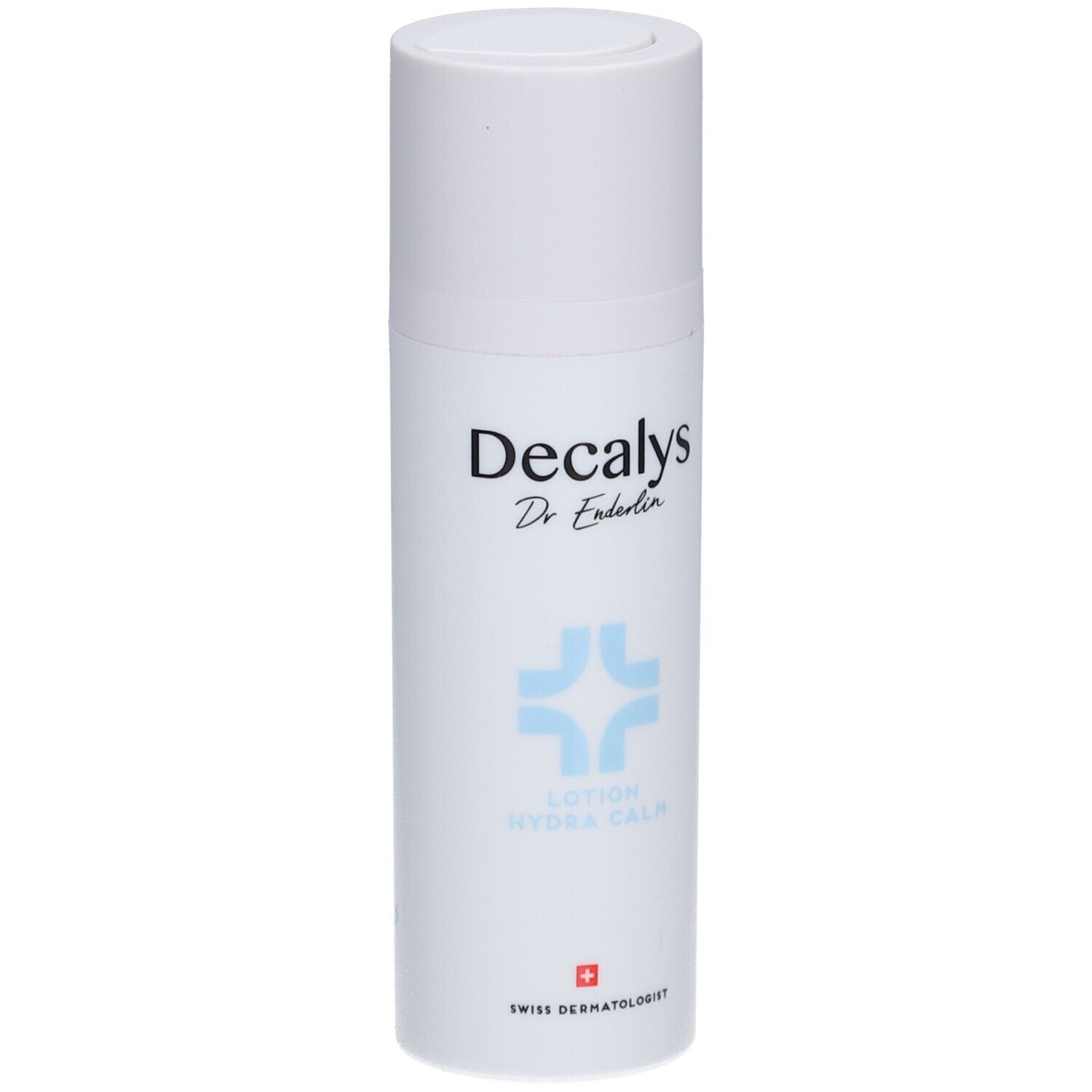 Flacon de lotion blanc avec logo bleu et texte Decalys. Texte: Hydra Calm, Swiss Dermatologist.