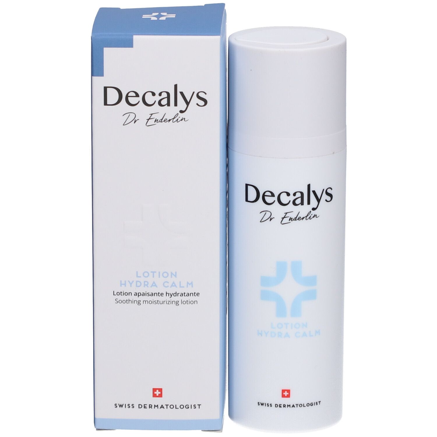 Flacon de lotion blanc et boîte. Texte: Decalys, Hydra Calm, Swiss Dermatologist.