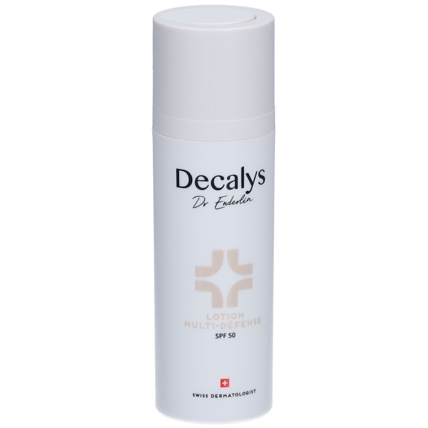 Flacon de lotion blanc avec bouchon. Inscription Decalys, Dr. Enderlin, Lotion Multi-Défense SPF 50. Croix suisse.