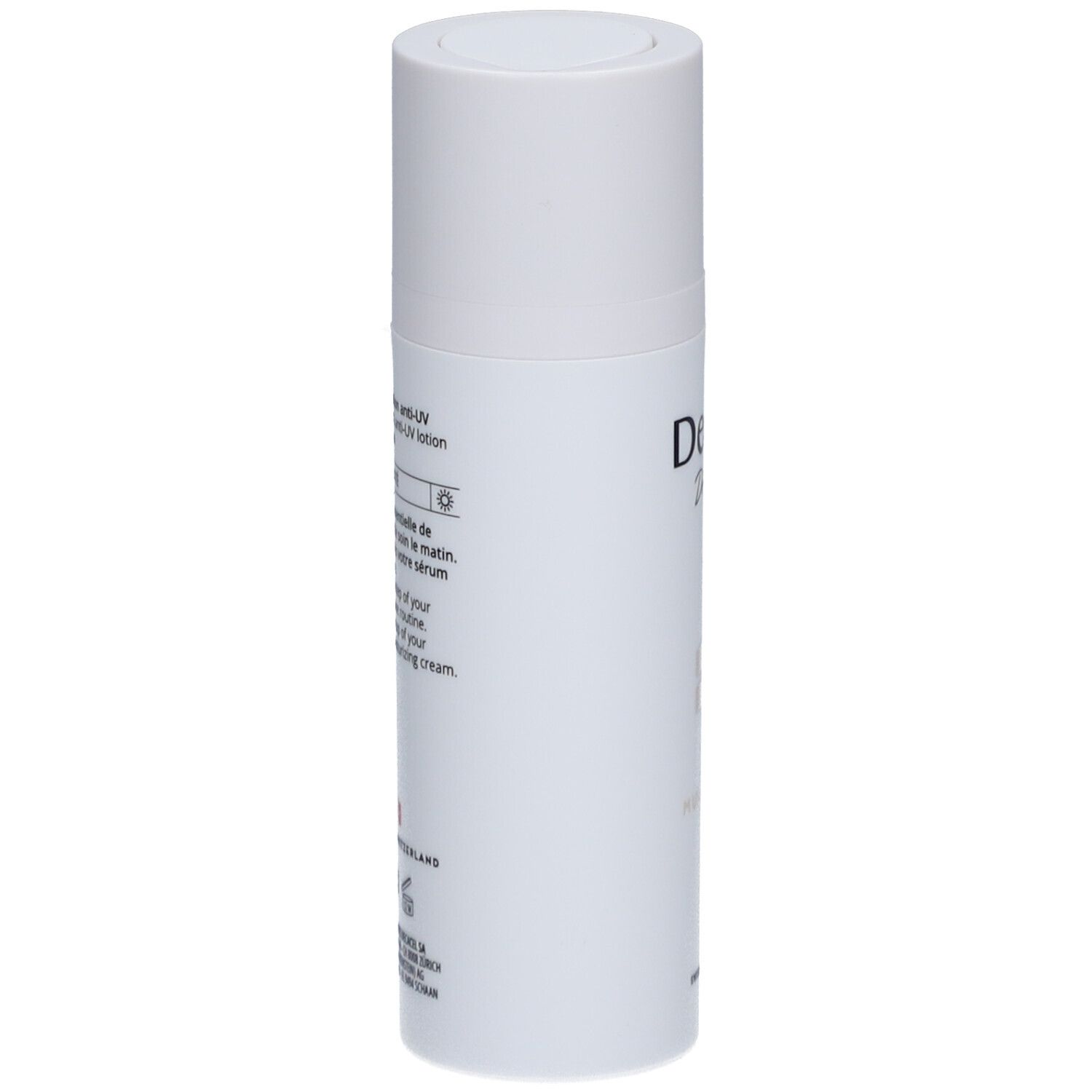 Flacon de lotion blanc avec bouchon. Inscription Decalys, Dr. Enderlin. Texte sur le côté. Croix suisse.