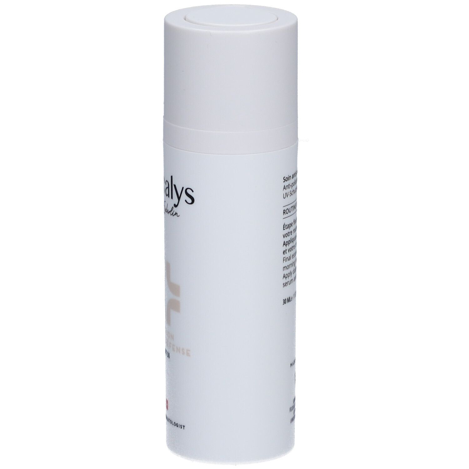 Flacon de lotion blanc avec bouchon. Inscription Decalys, Dr. Enderlin, Lotion Multi-Défense SPF 50. Croix suisse.