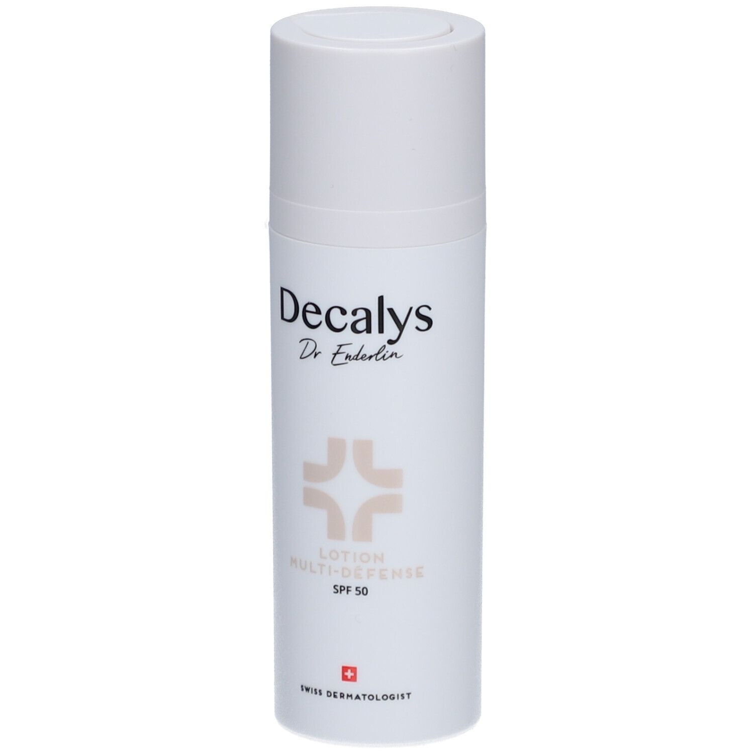 Flacon de lotion blanc avec bouchon. Inscription Decalys, Dr. Enderlin, Lotion Multi-Défense SPF 50. Croix suisse.