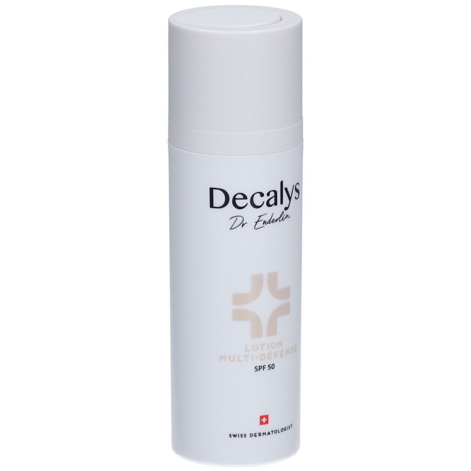 Flacon de lotion blanc avec bouchon. Inscription Decalys, Dr. Enderlin, Lotion Multi-Défense SPF 50. Croix suisse.