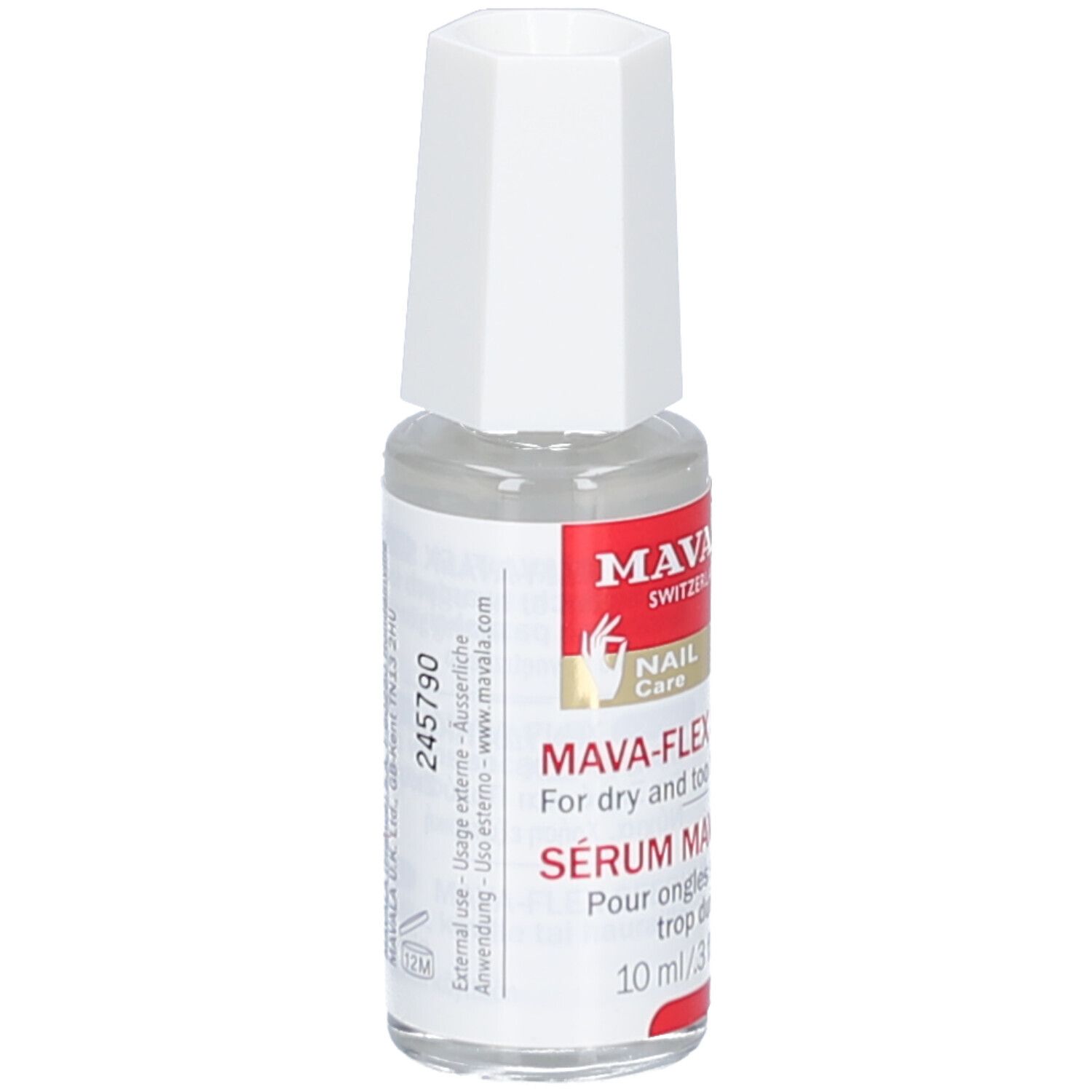 Sérum liquide clair en flacon de verre avec bouchon blanc. Étiquette avec informations produit et marque MAVALA.