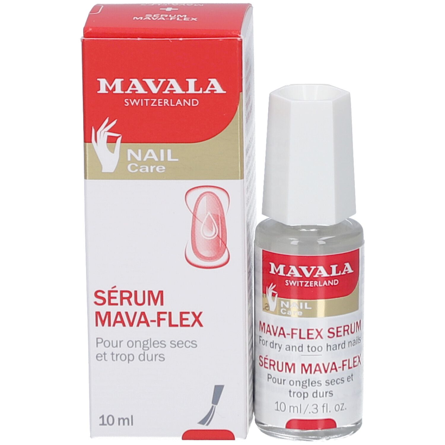 Emballage du produit : boîte rouge avec texte blanc. Contient un flacon de sérum MAVALA Mava-Flex.