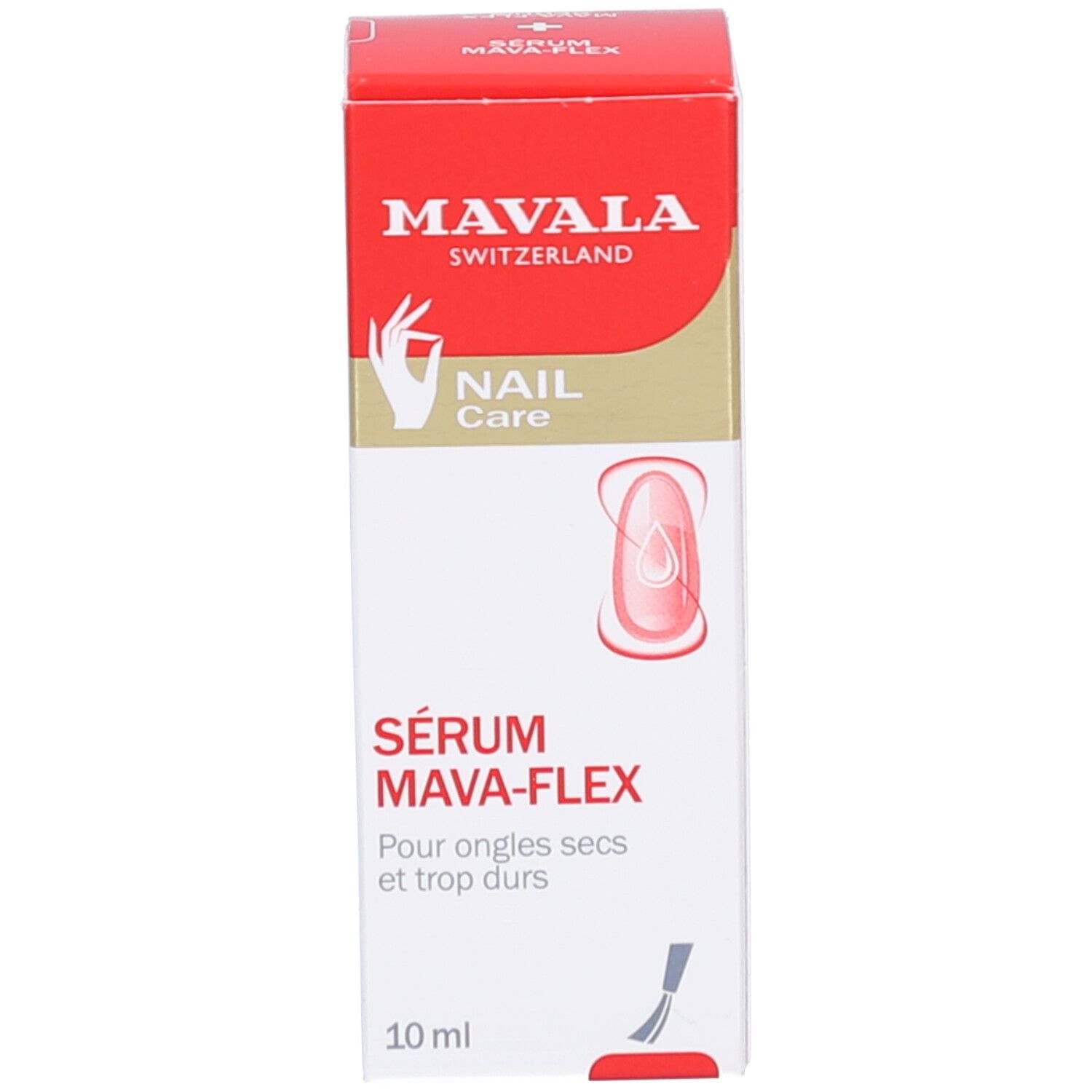 Emballage du produit : boîte rouge avec texte blanc. Contient un flacon de sérum MAVALA Mava-Flex.