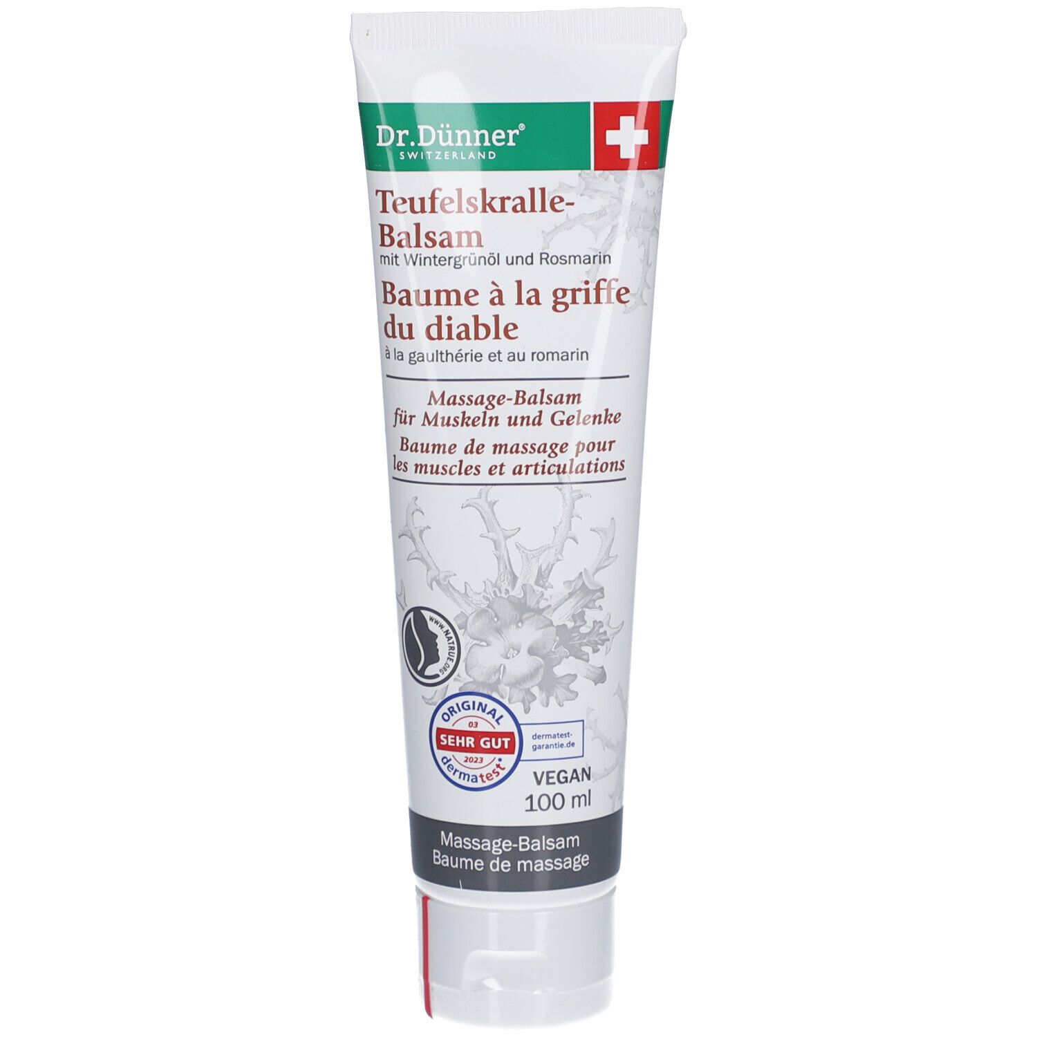 Tube de crème avec nom et logo du produit. Couleurs vert et blanc. Croix suisse. Label végan. 100 ml.