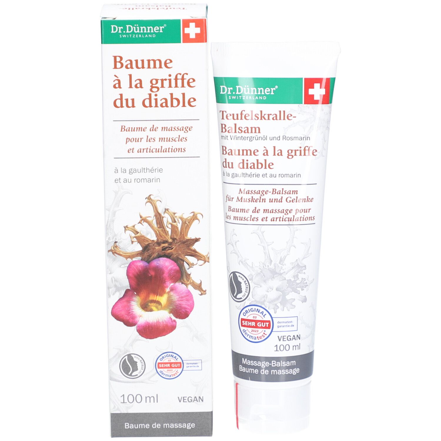 Emballage du produit avec tube. Boîte blanche avec nom, logo et illustration. Label végan. 100 ml.