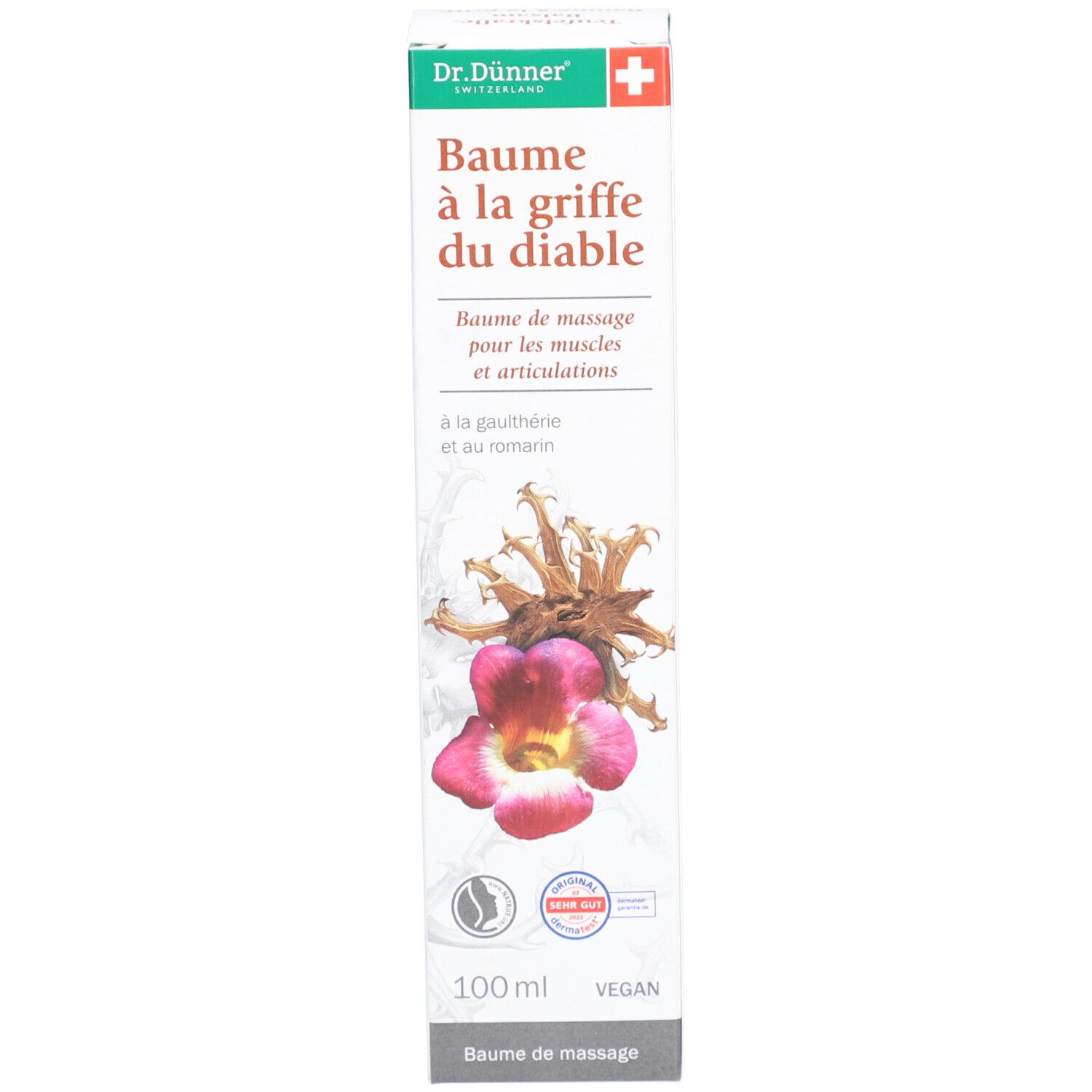 Emballage du produit. Boîte blanche avec nom, logo et illustration. Label végan. 100 ml.