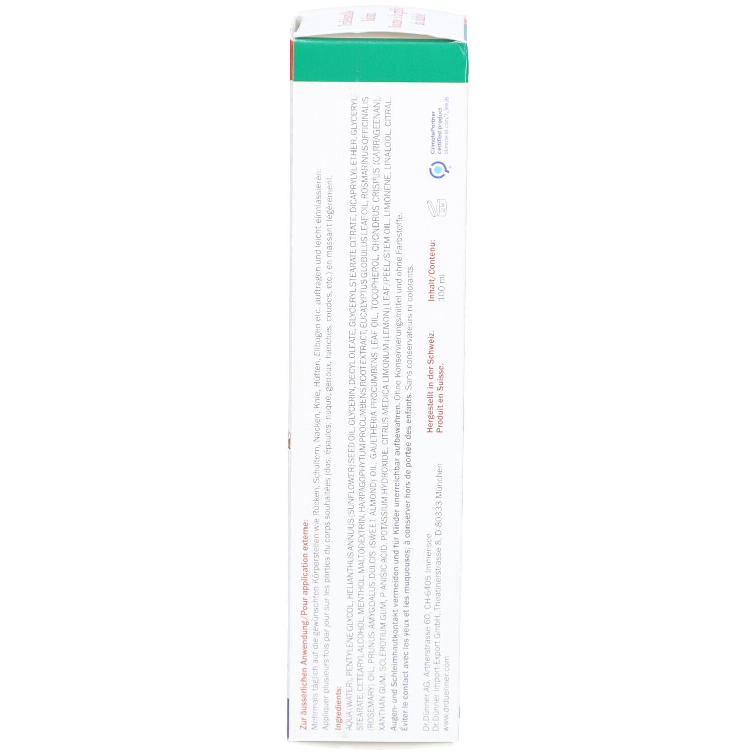 Vue latérale de l'emballage du produit. Texte avec ingrédients et informations du fabricant. Couleurs vert et blanc.