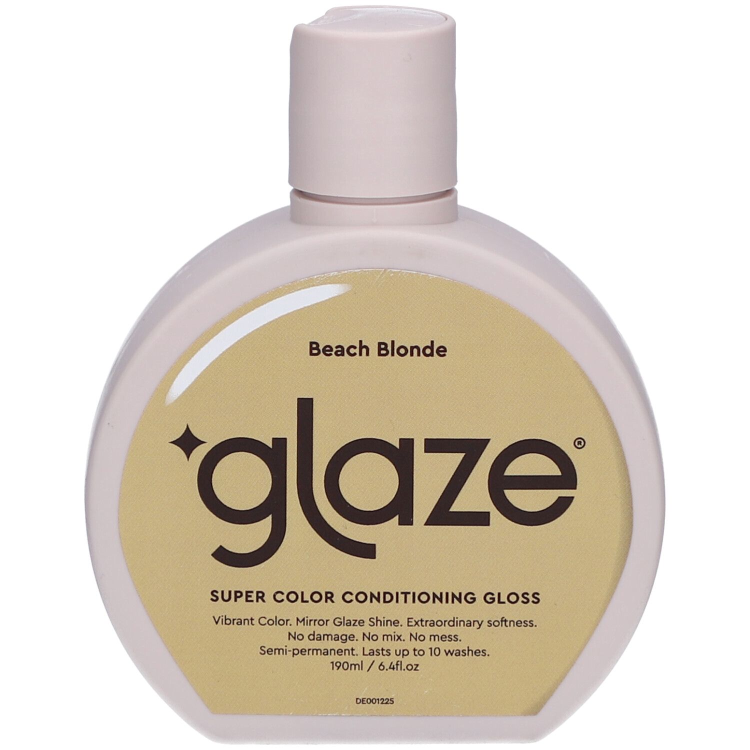 Ronde fles met roze dop. Label met 'glaze' en 'Beach Blonde'. Tekst: Super Color Conditioning Gloss. 190ml.