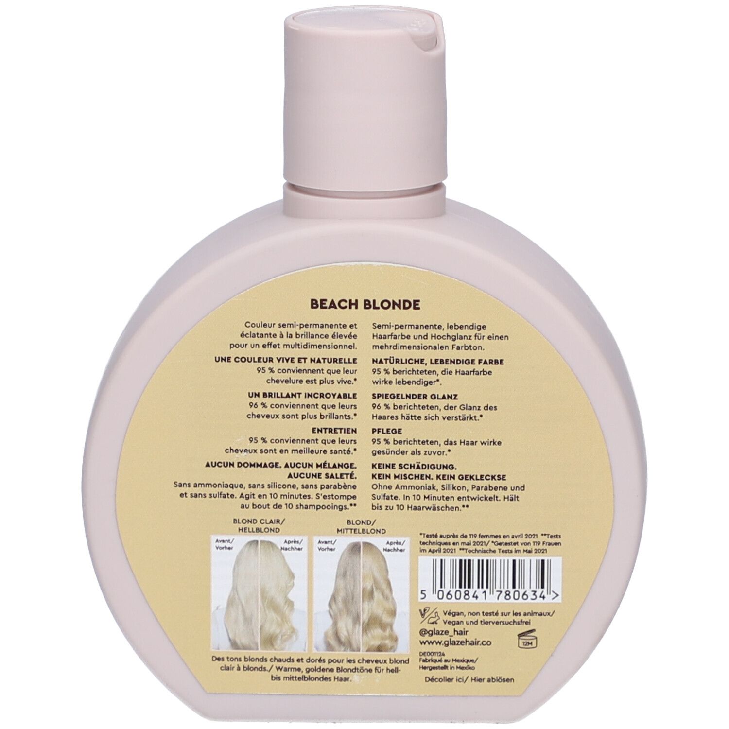 Achterkant fles. Tekst: 'Beach Blonde', semi-permanente haarkleur. Illustraties van blonde tinten. Ingrediënten en fabrikantinfo.