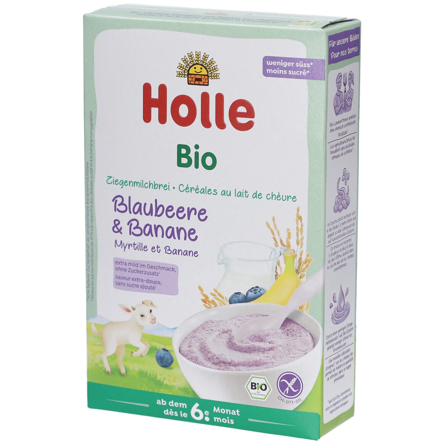 Holle Bio Bosbessen & Banaan. Doos met productafbeelding, geitenmelk pap. Bevat "Bio" logo. Vanaf 6 maanden.
