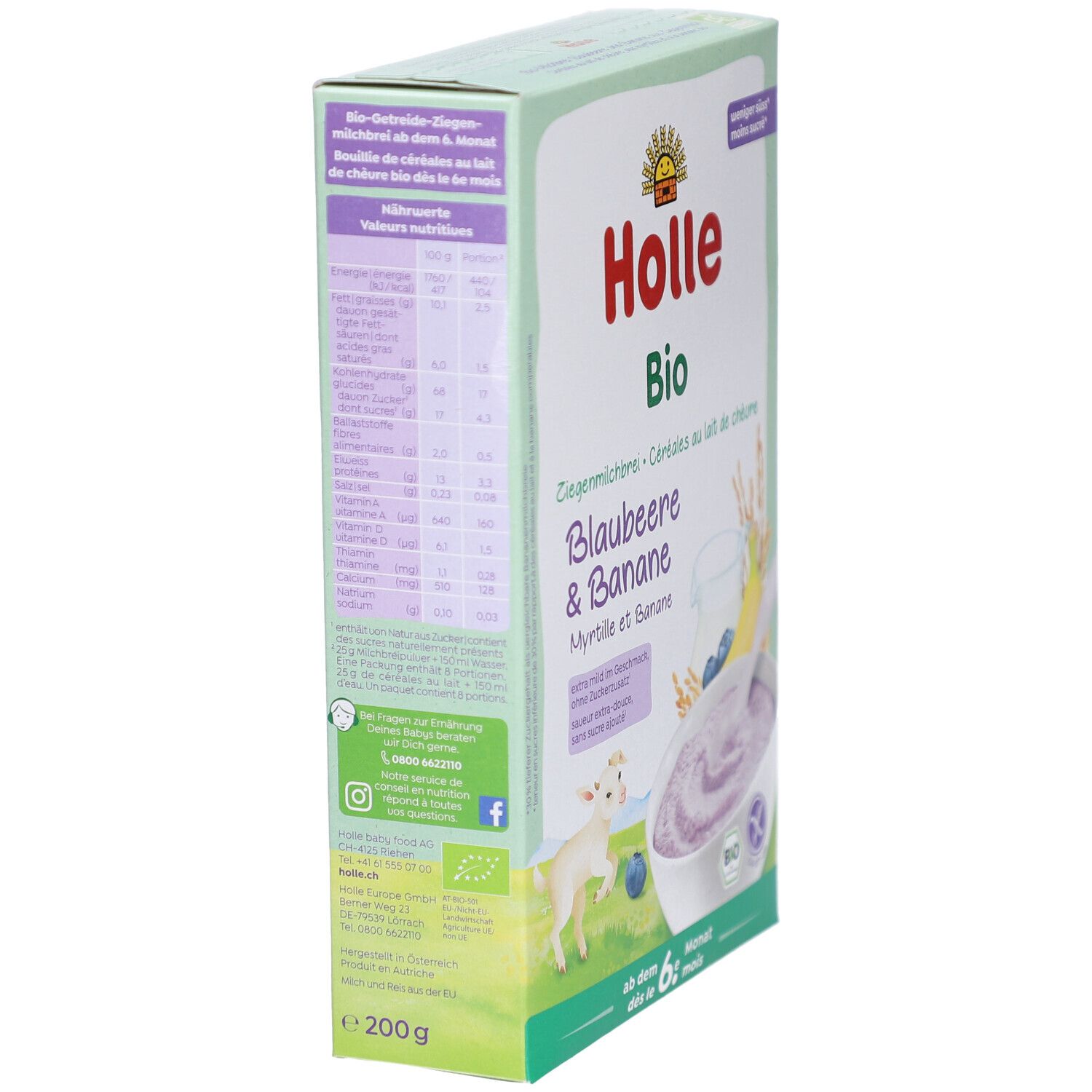 Holle Bio Bosbessen & Banaan. Zijaanzicht van de verpakking met voedingswaarde en bio-label. 200g.