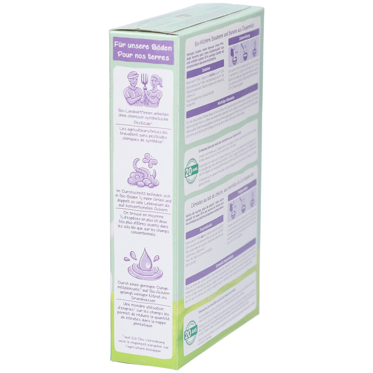 Holle Bio Bosbessen & Banaan. Verpakking met informatie over duurzaamheid. Bio-label. 20 jaar ervaring.