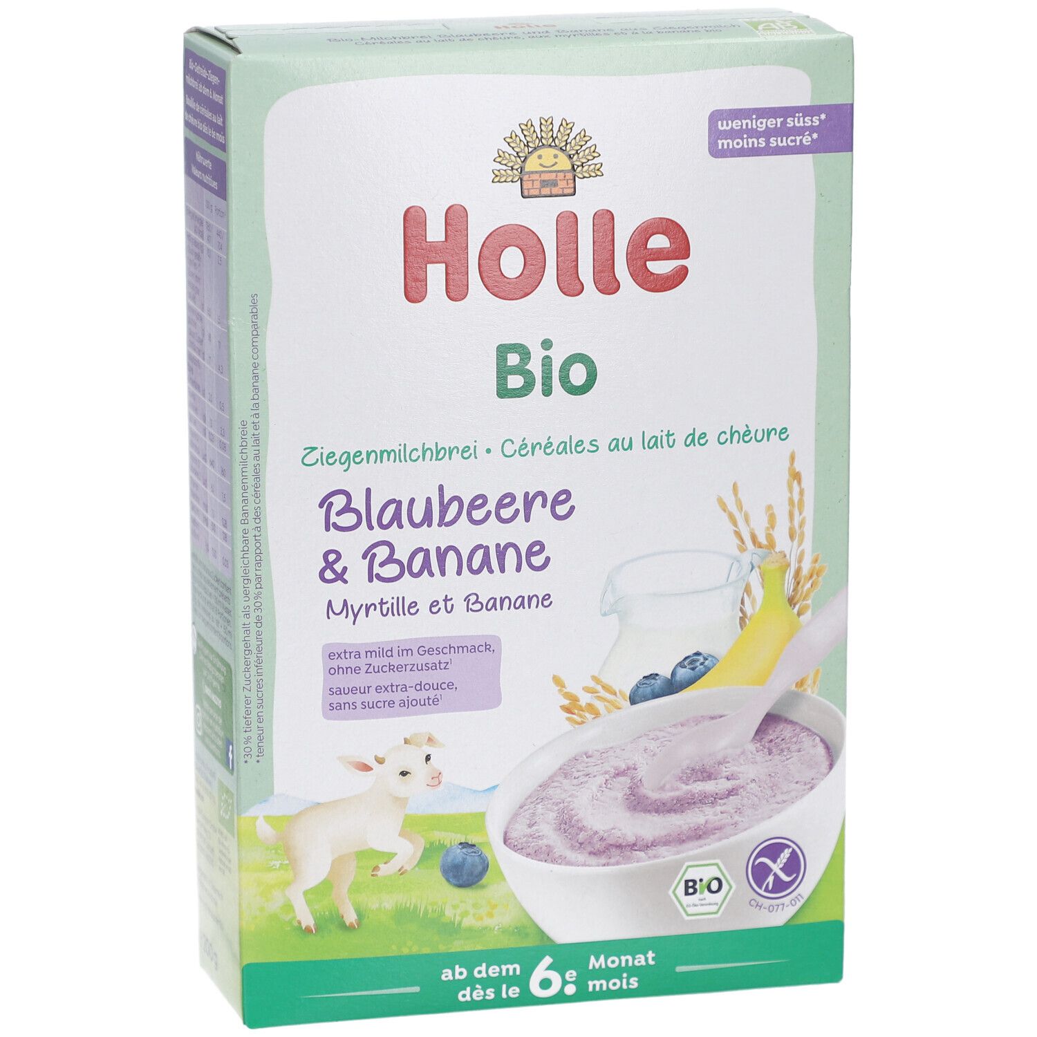 Holle Bio Bosbessen & Banaan. Doos met productafbeelding, geitenmelk pap. Bevat "Bio" logo. Vanaf 6 maanden.
