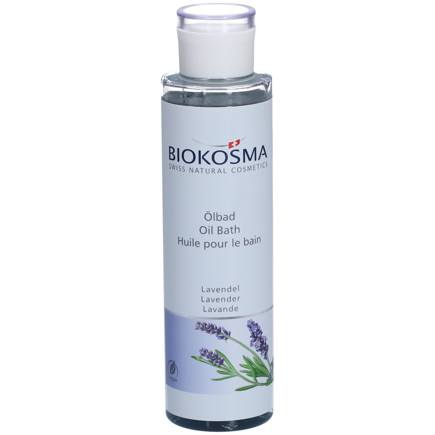 BIOKOSMA Huile pour le bain Lavande. Bouteille avec bouchon blanc. Étiquette avec nom et illustration de lavande.