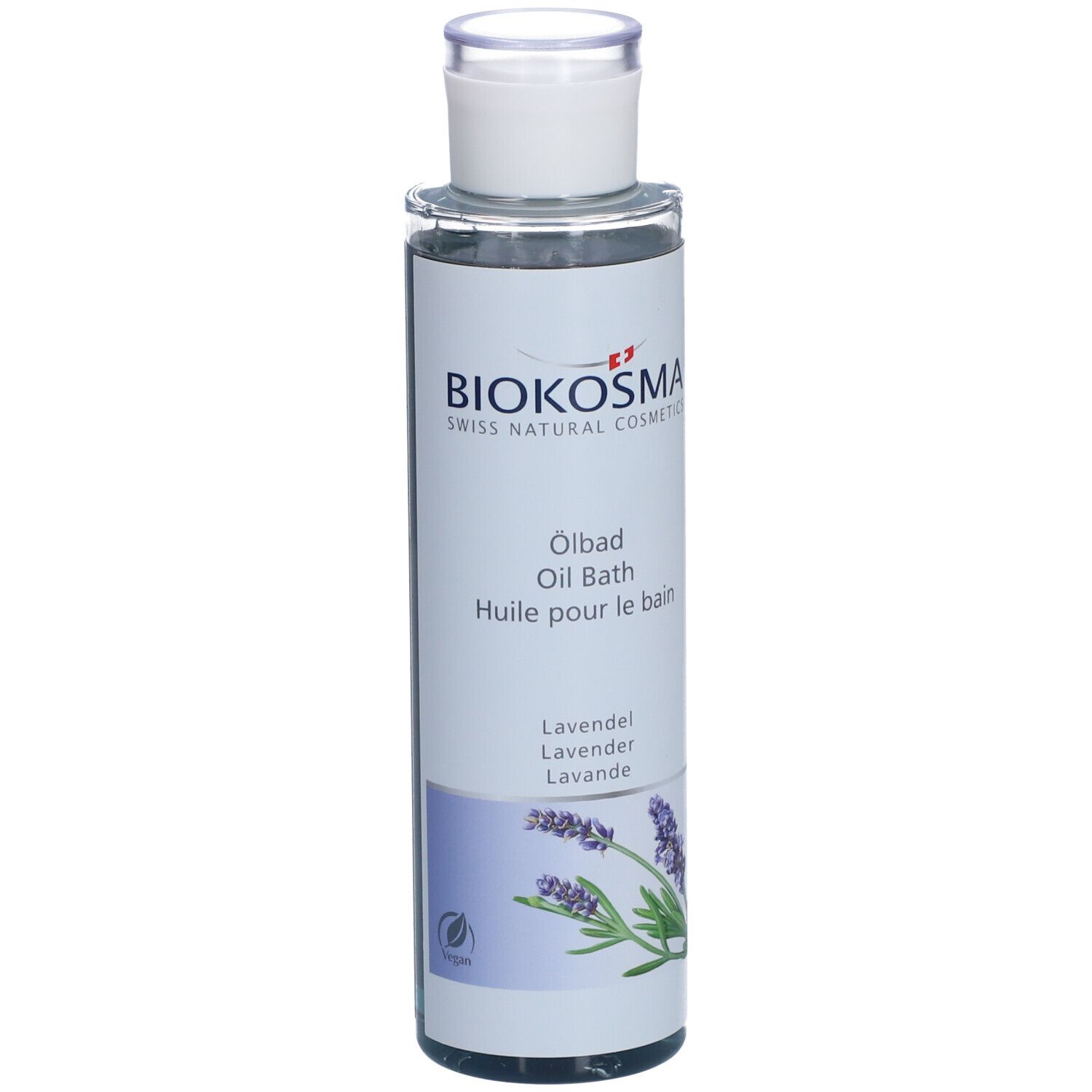 BIOKOSMA Huile pour le bain Lavande. Bouteille avec bouchon blanc. Étiquette avec nom et illustration de lavande.
