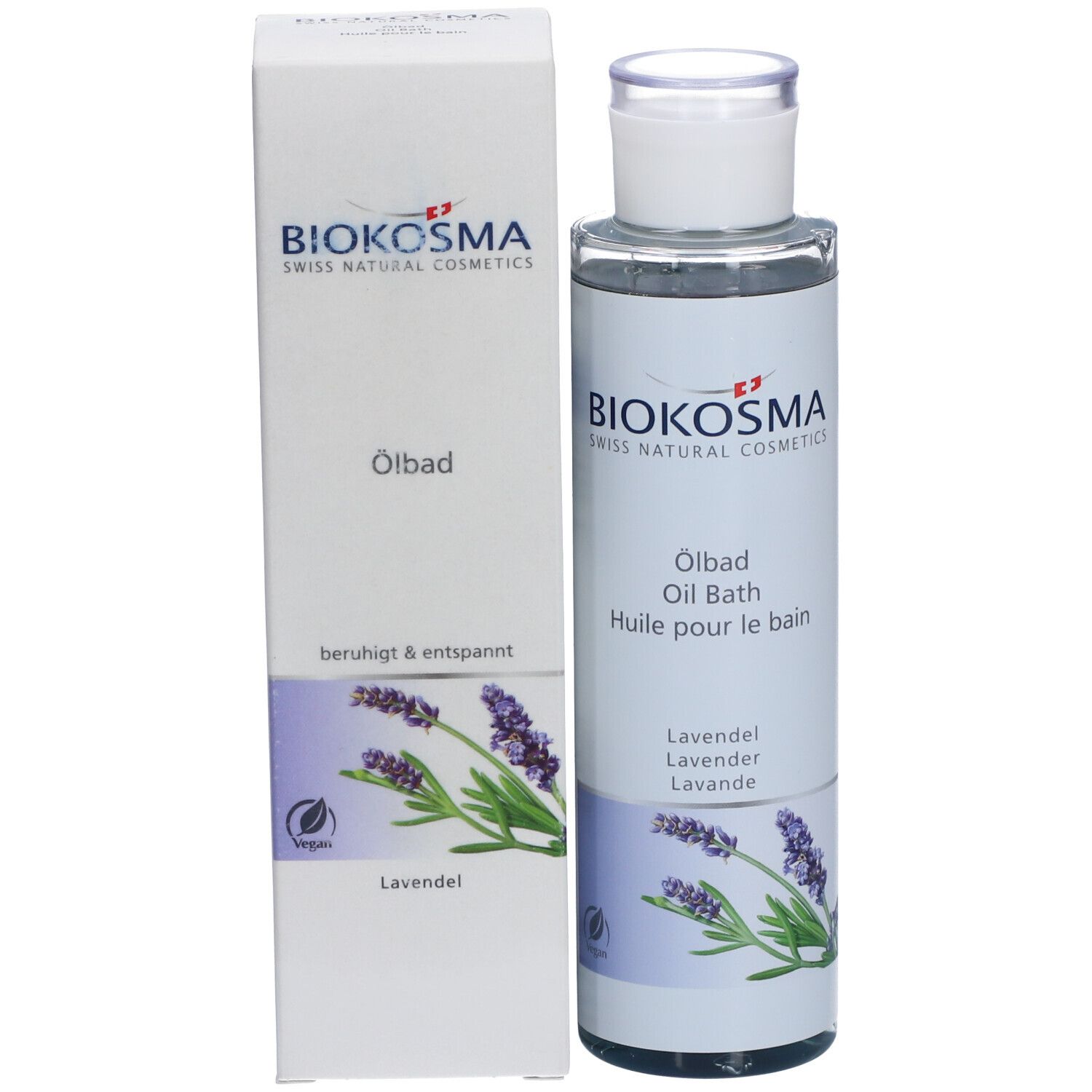 BIOKOSMA Huile pour le bain Lavande et emballage. Bouteille et carton. Carton avec nom et illustration de lavande.