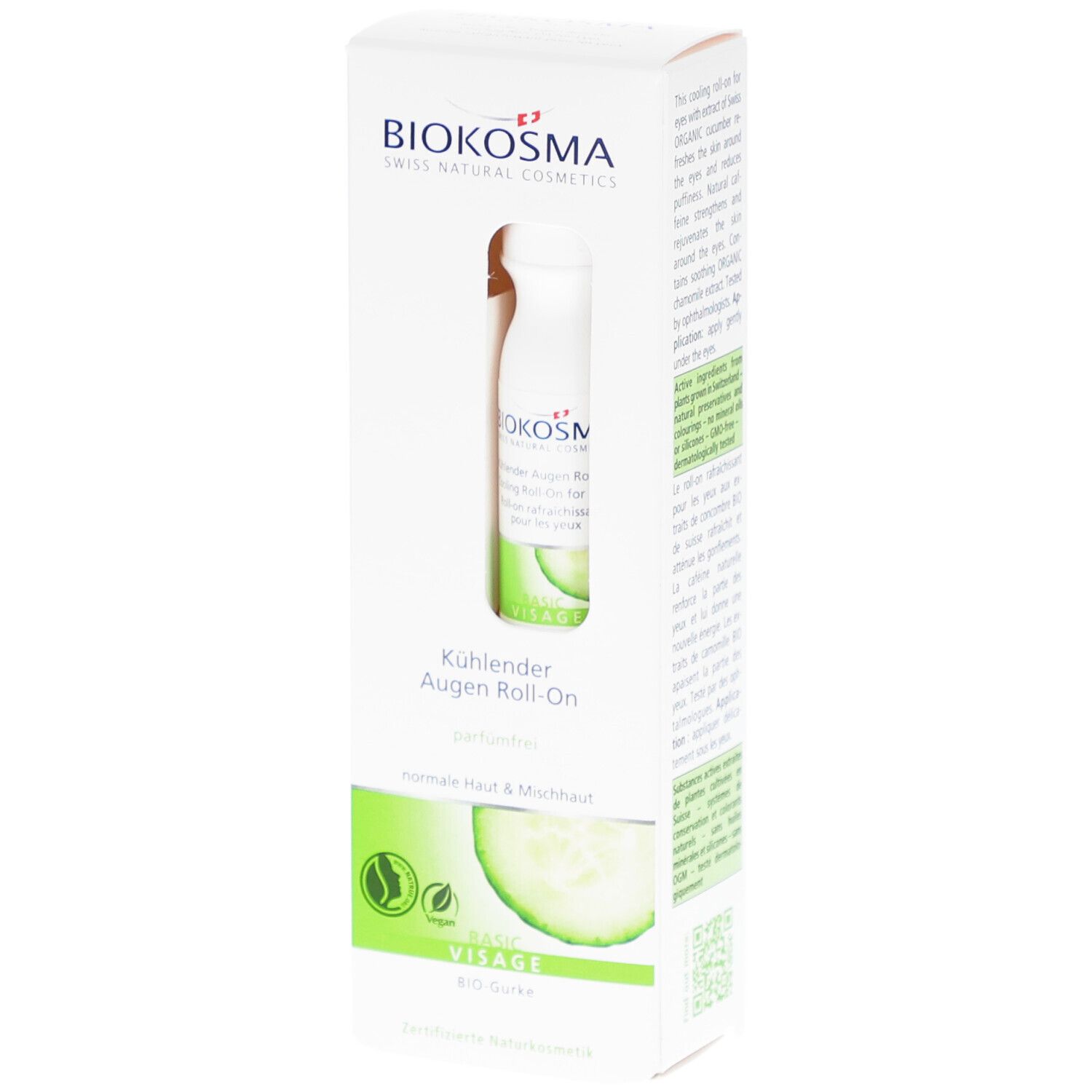Roll-on oogverzorging in witte verpakking. BIOKOSMA logo. Verkoelende Roll-On voor de ogen. Komkommer illustratie. Vegan keurmerk.