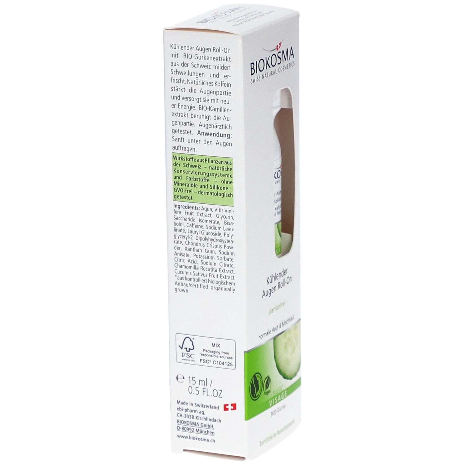 Verpakking met tekst. BIOKOSMA logo. Verkoelende Roll-On voor de ogen. Ingrediënten en certificeringen. FSC logo. 15 ml / 0.5 FL.OZ.
