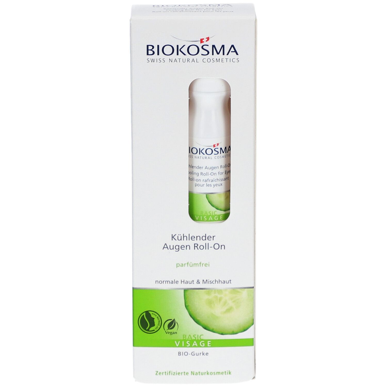 Roll-on oogverzorging in witte verpakking. BIOKOSMA logo. Verkoelende Roll-On voor de ogen. Zonder parfum. Vegan keurmerk. BIO-komkommer.
