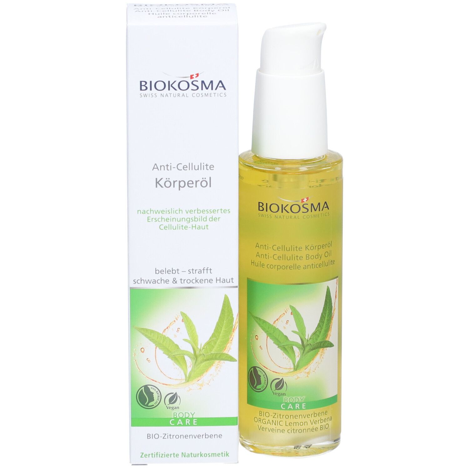 Fles en doos. Fles: geel, witte pomp. Doos: wit, groen. Opschrift BIOKOSMA, Anti-cellulite lichaamsolie.