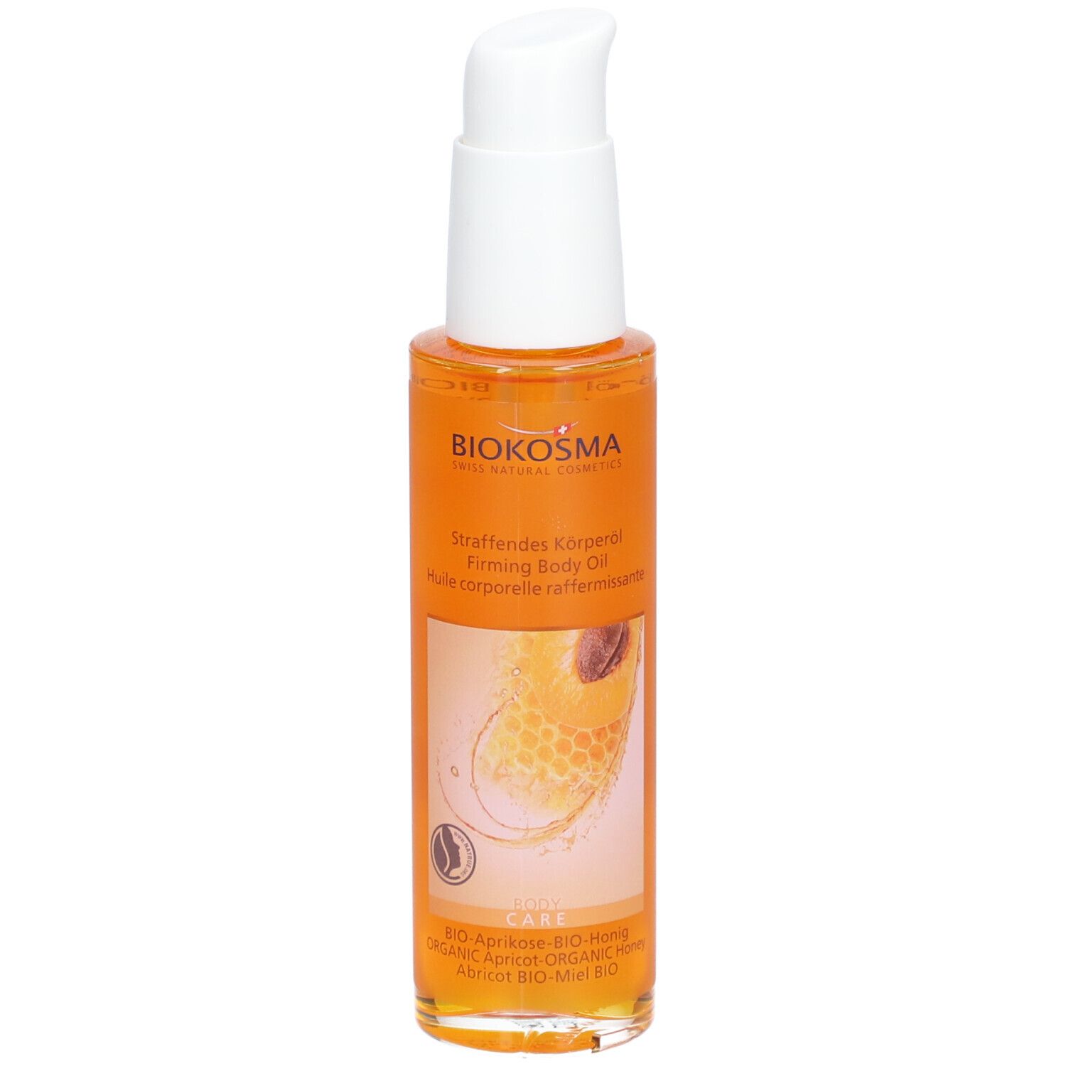 Body oil fles met doseerpomp. Oranje olie, etiket met tekst en logo. BIOKOSMA Swiss Natural Cosmetics.
