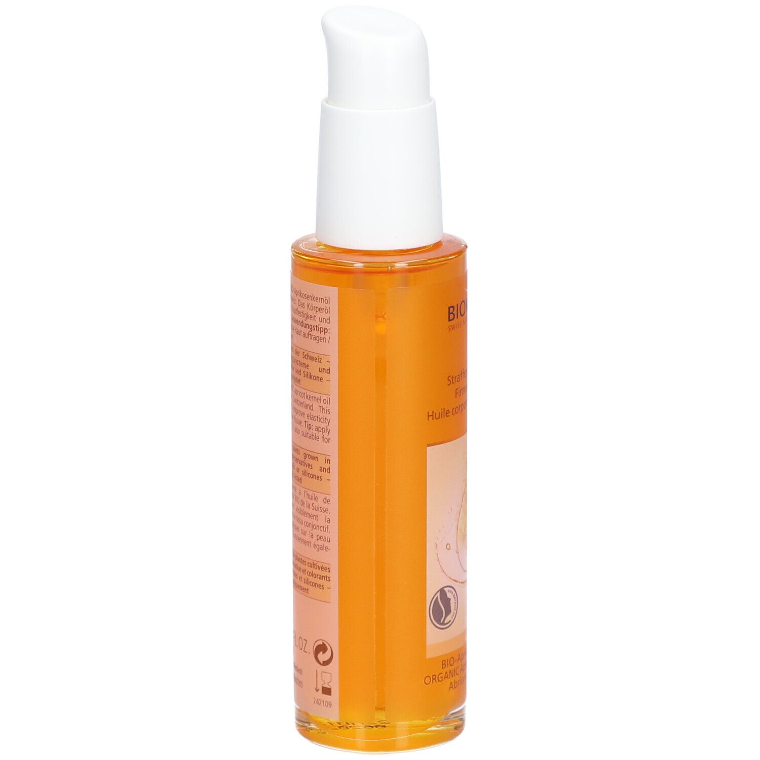 Body oil fles, zijaanzicht. Oranje olie, etiket met tekst. BIOKOSMA Swiss Natural Cosmetics.